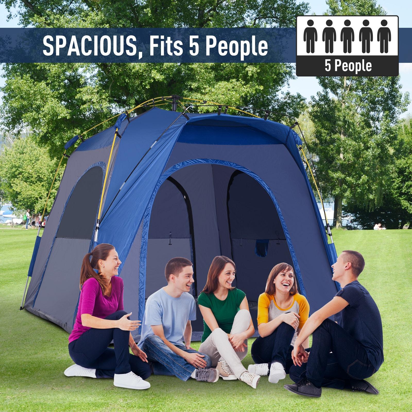 Outsunny Camping Tents 4 Person Pop Up Tent Quick Setup Automatic Hydraulic Family Travel Tent w/ Windows, Doors Carry Bag Included, Blue