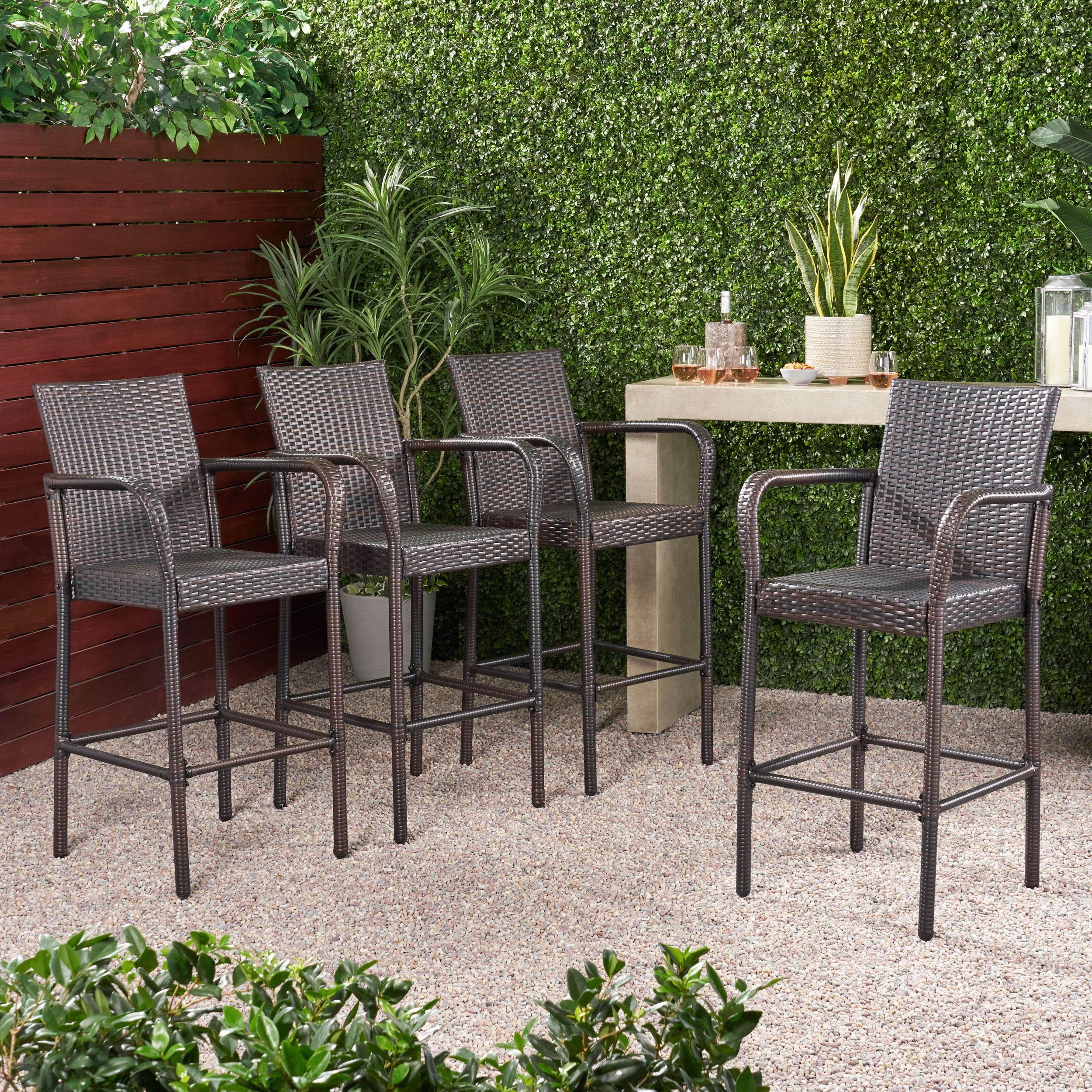 Delfina 4pk Wicker Barstool - Brown - Christopher Knight Home: UV & Weather-Resistant, Powder-Coated Frame
