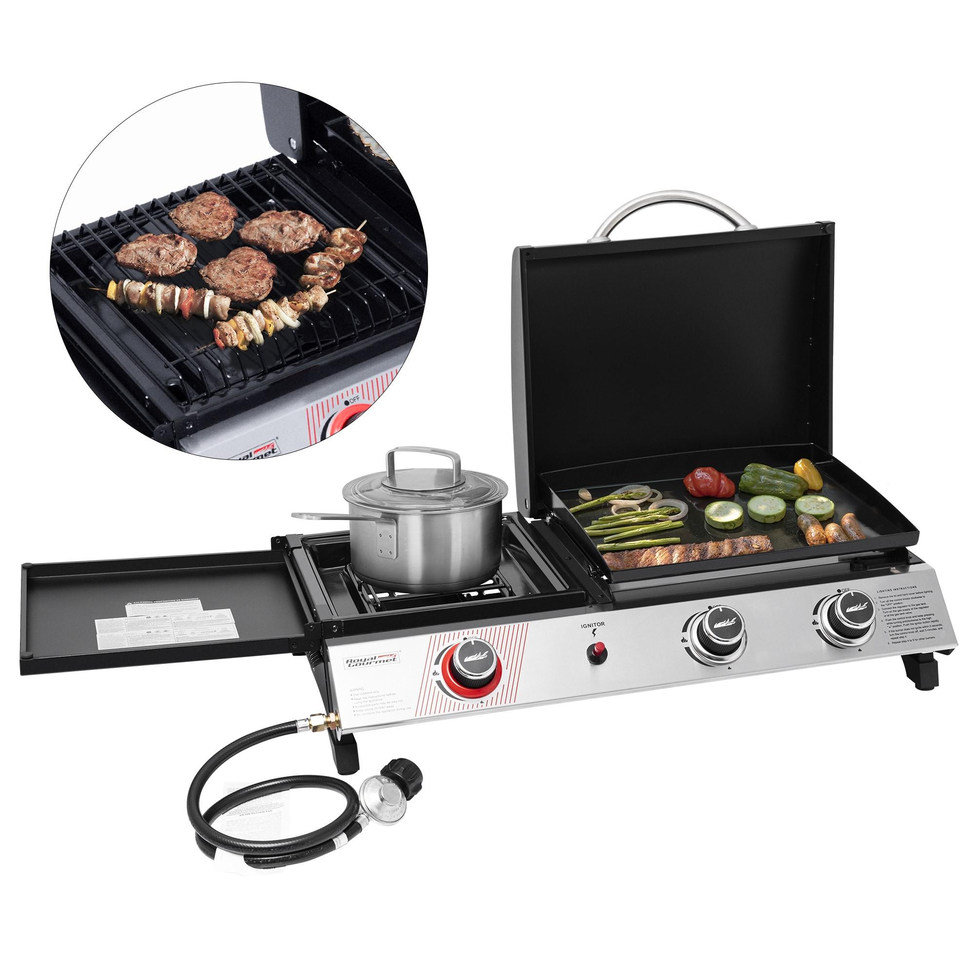 Royal Gourmet 3-Burner Portable Gas Griddle With Side Burner, 3-in-1 Grill and Griddle Combo Station With Lid for Outdoor Cooking, Silver