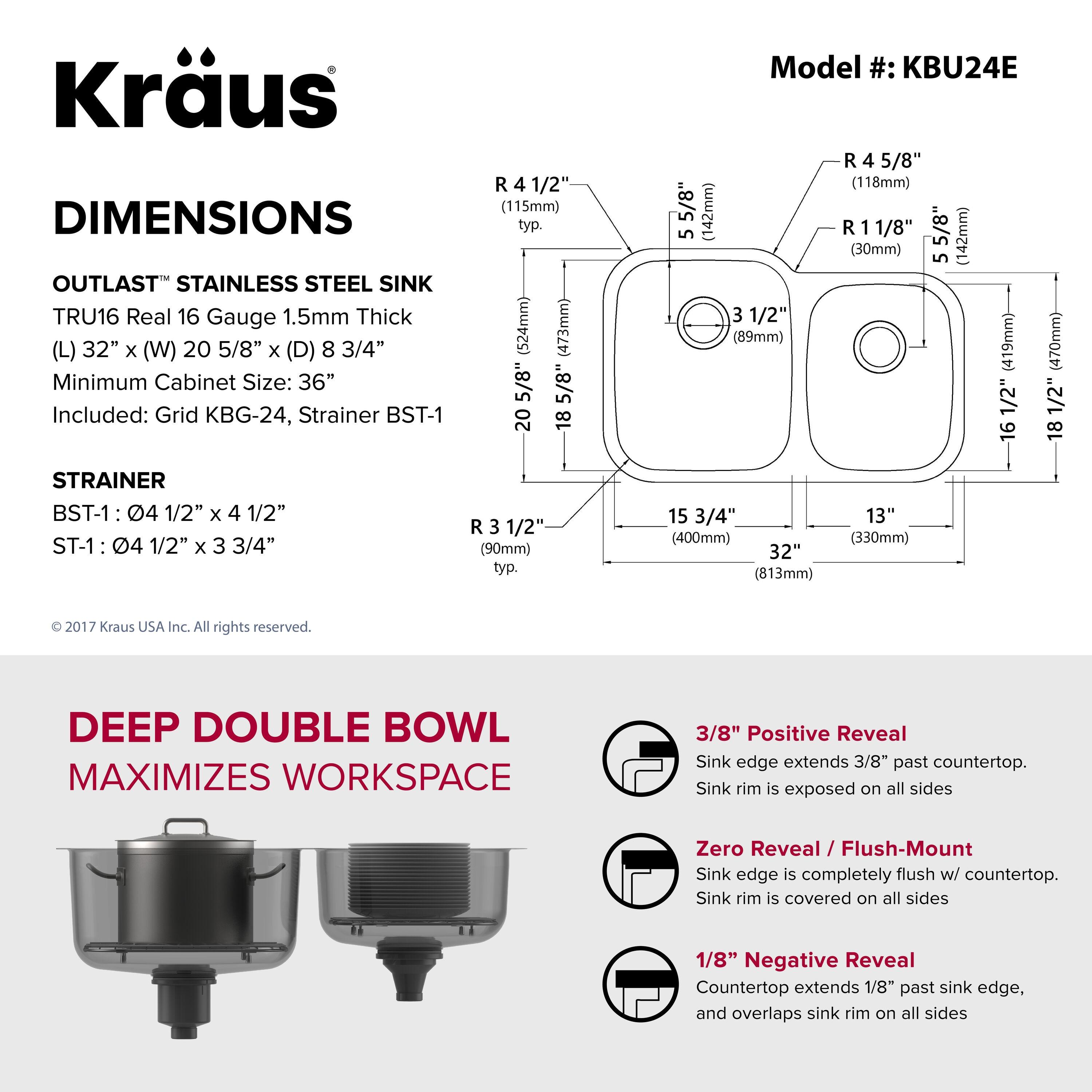 KRAUS Outlast MicroShield™ Scratch-Resist Stainless Steel Undermount 60/40 Double Bowl Sink, 32" L 16 Gauge