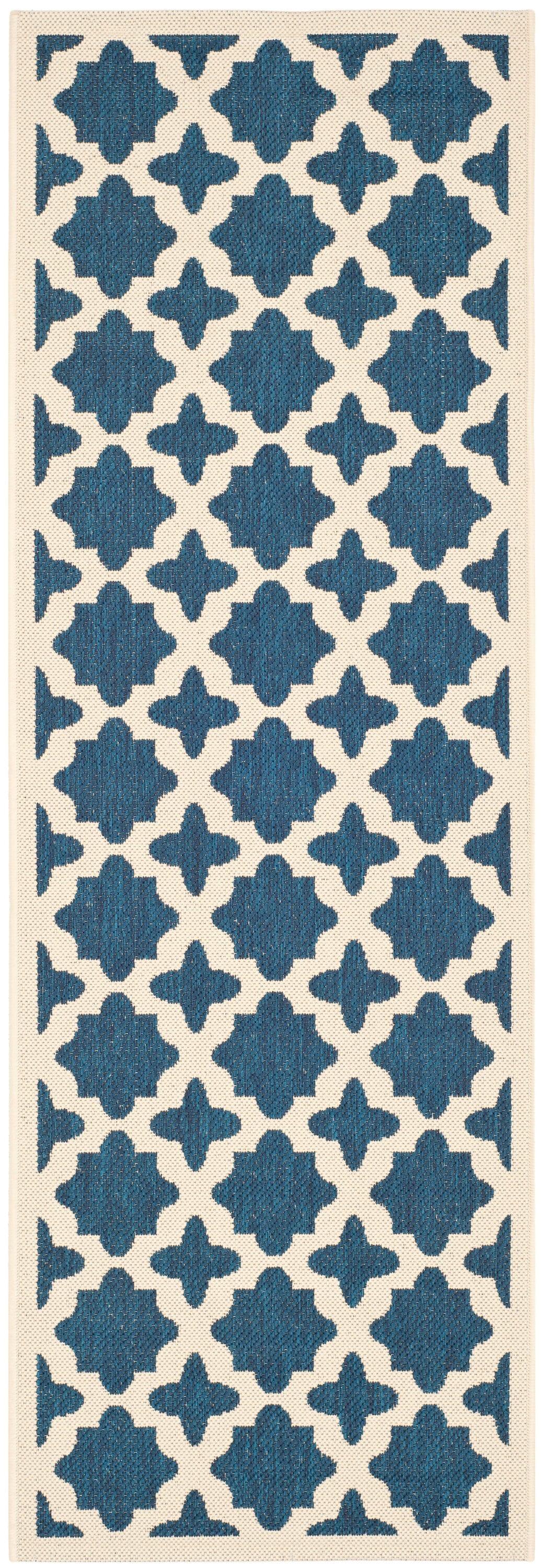 SAFAVIEH Courtyard Amanda Geometric Indoor/Outdoor Runner Rug, Navy/Beige, 2'3" x 12'