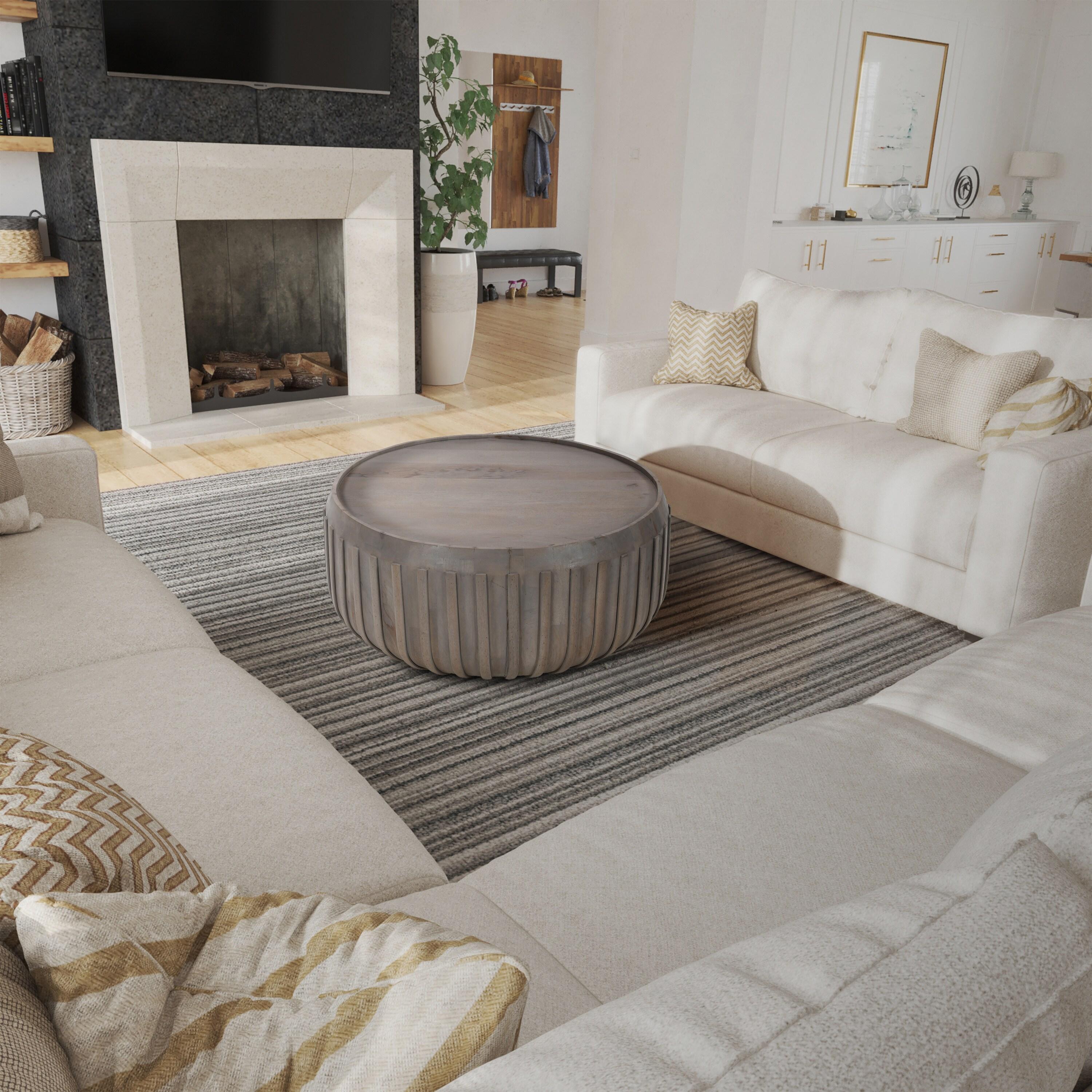 The Urban Port 36" Coffee Table Handcrafted Drum Shape with Ribbed Edges Gray Mango Wood Gray