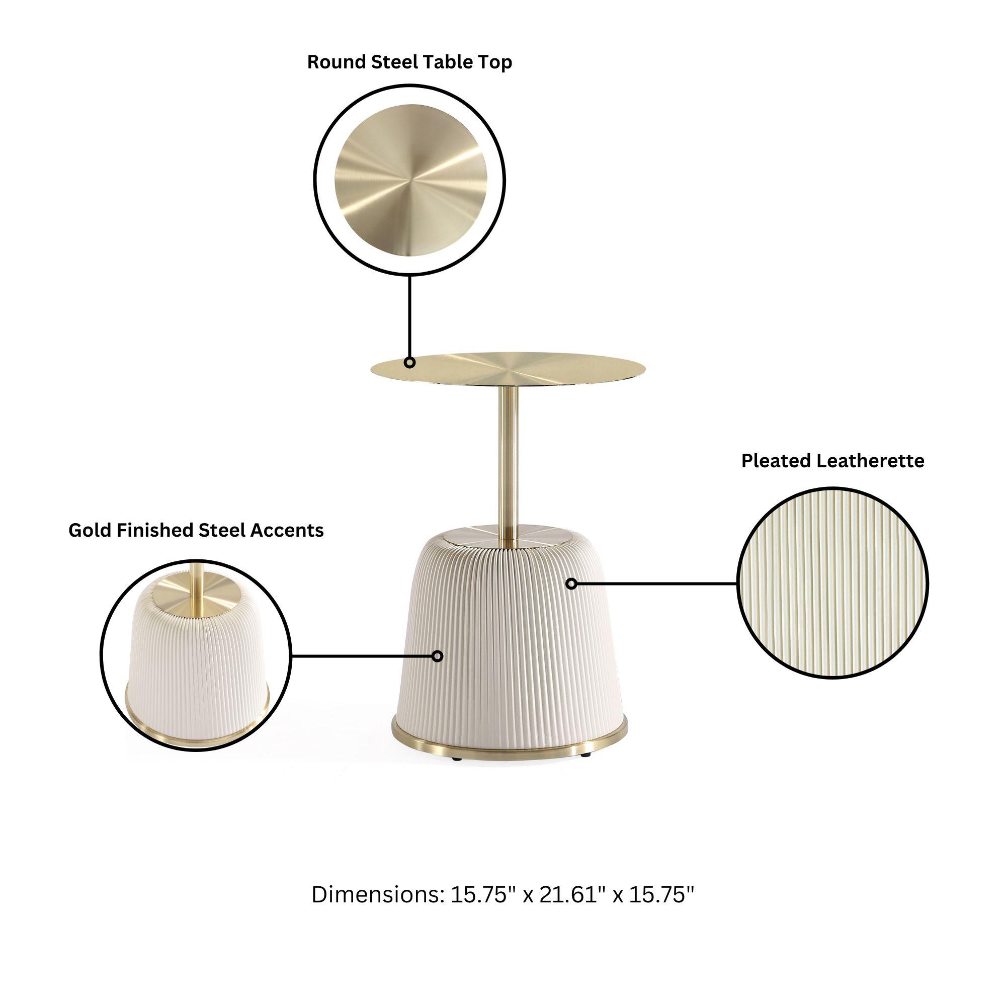 Manhattan Comfort Anderson Modern Leatherette Upholstered End Table with Gold Tabletop Cream: Round, No Assembly, Stainless Steel