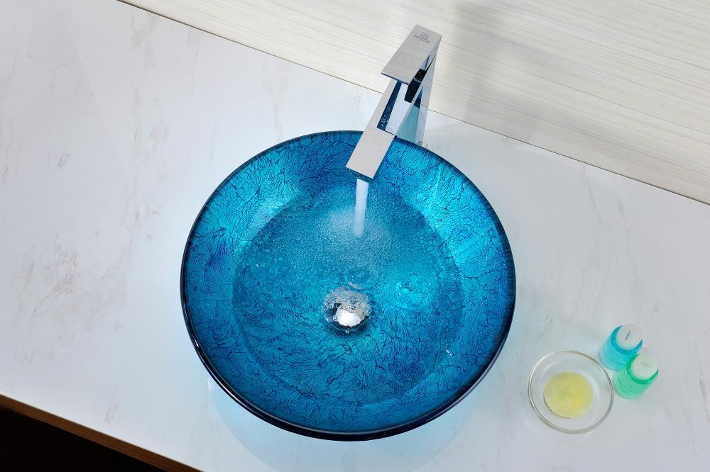 ANZZI Accent 16.5'' Blue Tempered Glass Circular Bathroom Sink