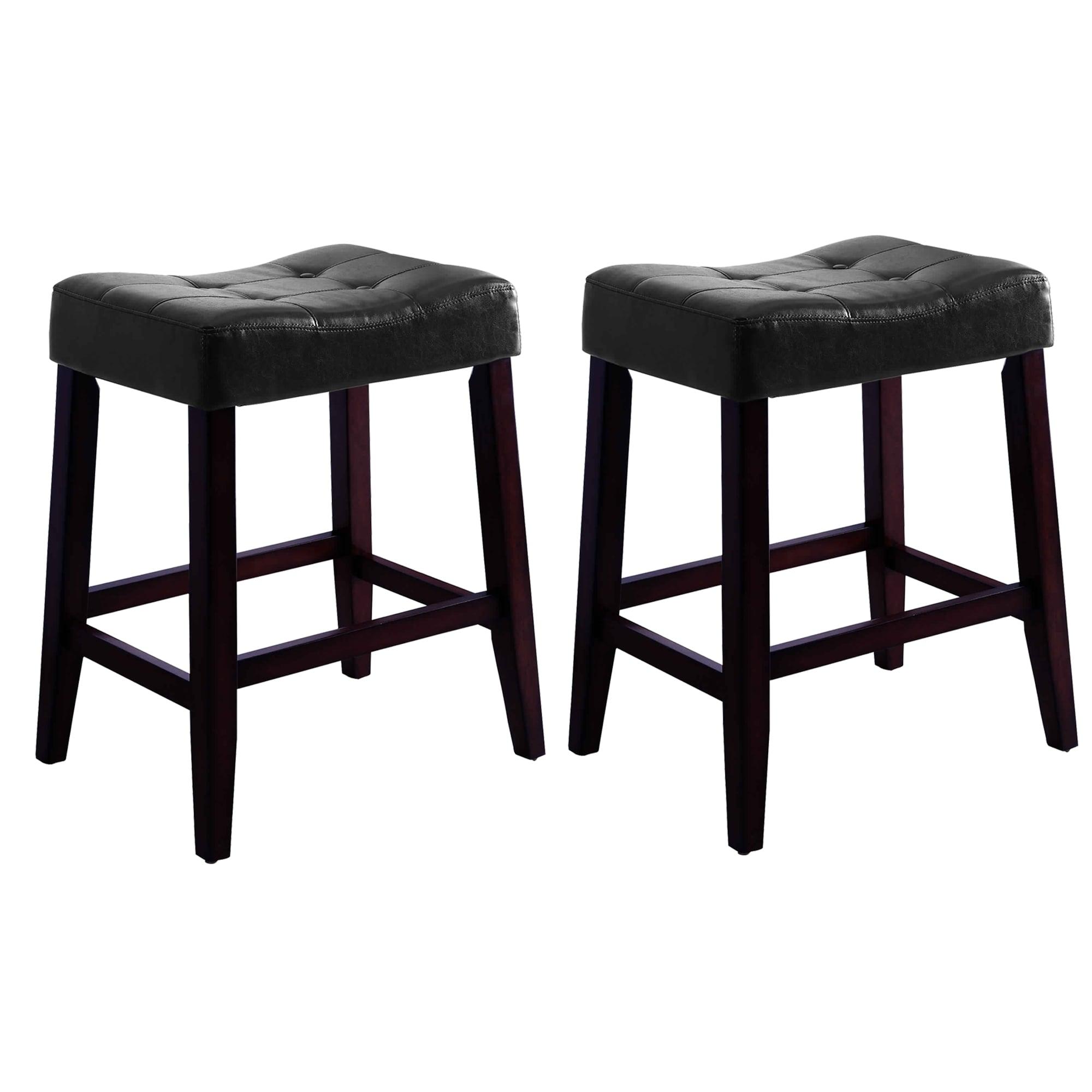 Wooden Stools with Saddle Seat & Button Tufts, Black & Brown - Set of 2