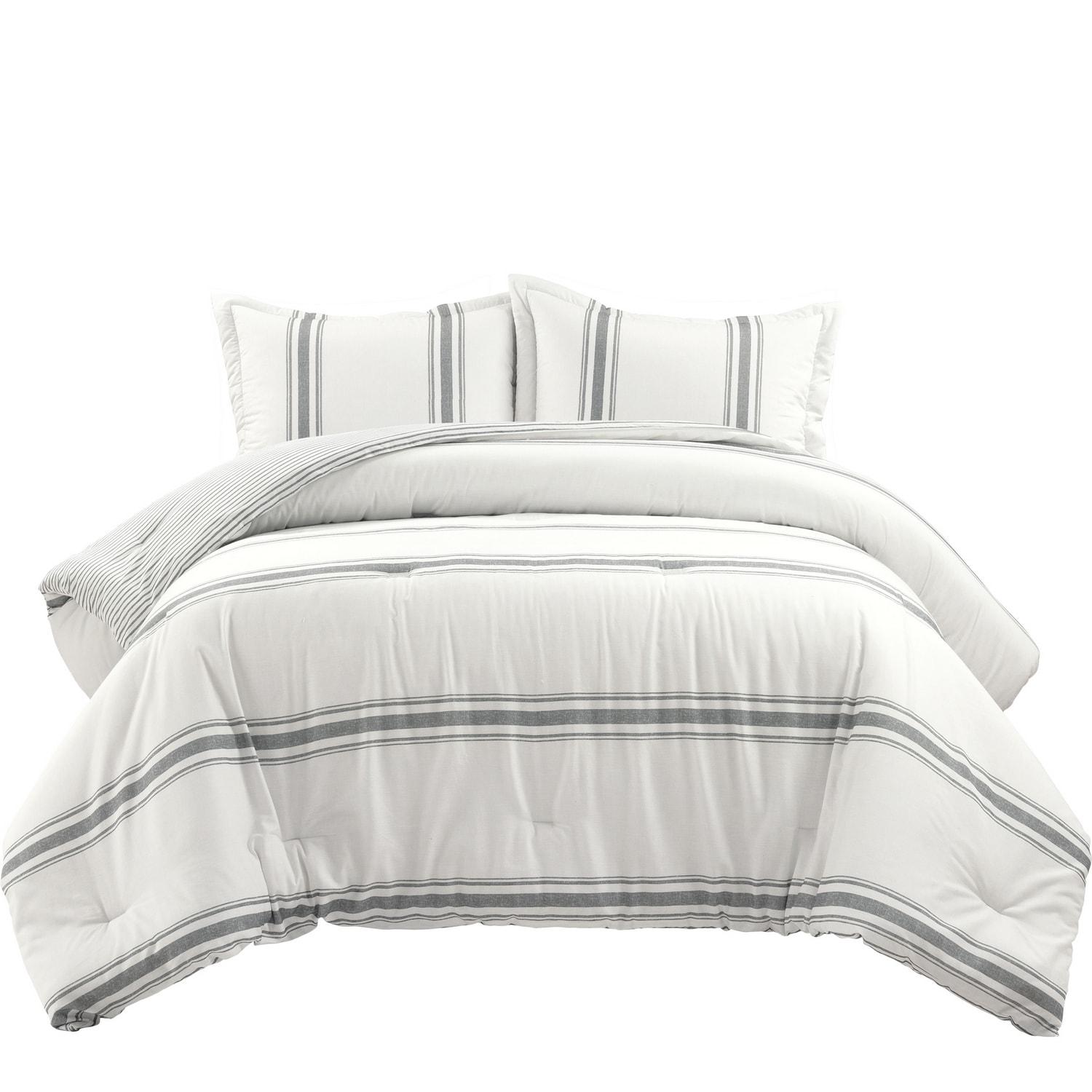Lush Decor Farmhouse Stripe Reversible Cotton Comforter Dark Gray 3Pc Set Full/Queen