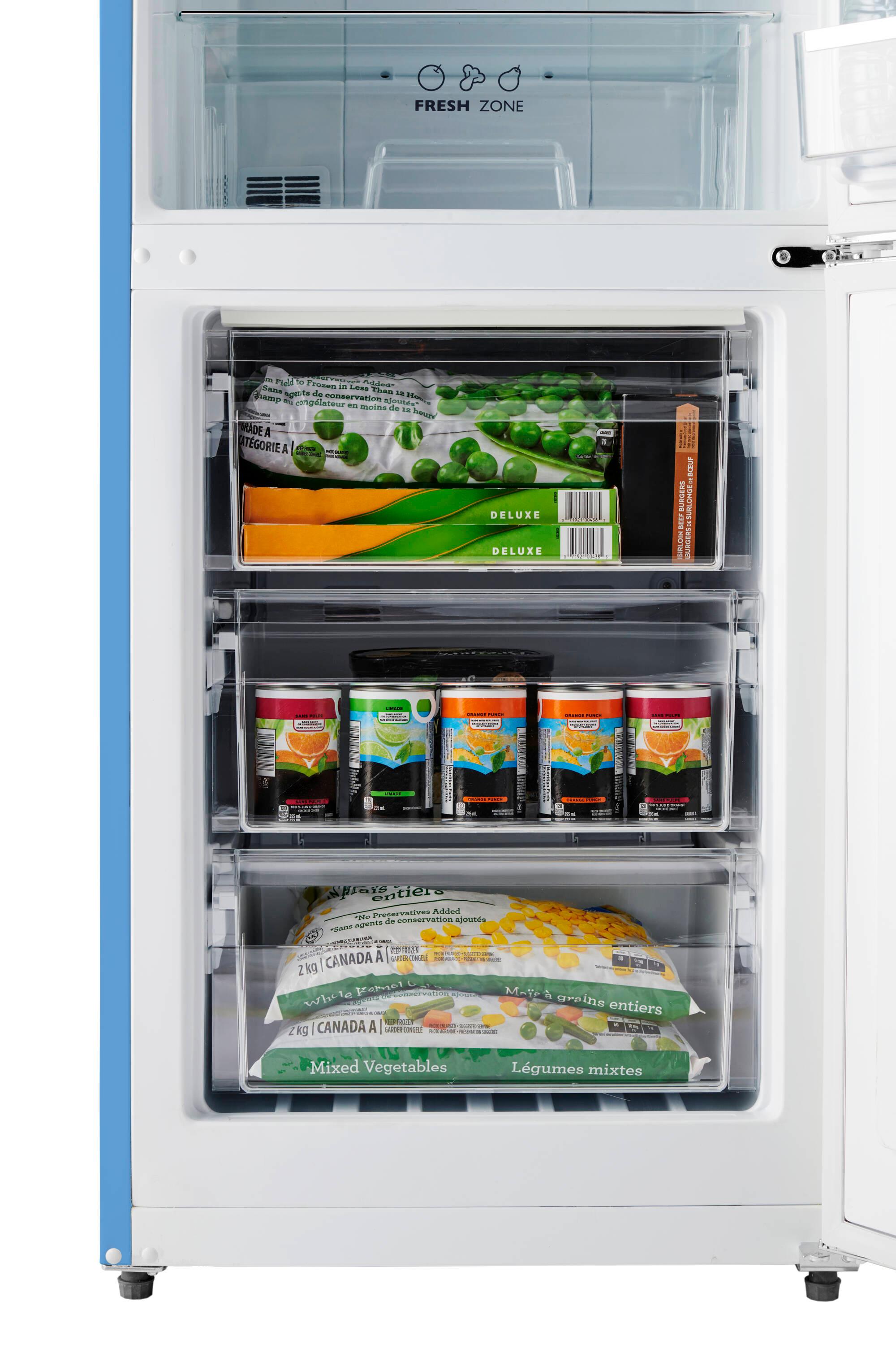 iio 24" 11 Cu Ft Bottom Freezer Retro Refrigerator Fridge for Bedroom, Multiflow 360°, Small Mini Ice Cube Tray, 1 Fruit container, LED Dorm Office Beverage Quiet Compressor, Light Blue (Right Hinge)