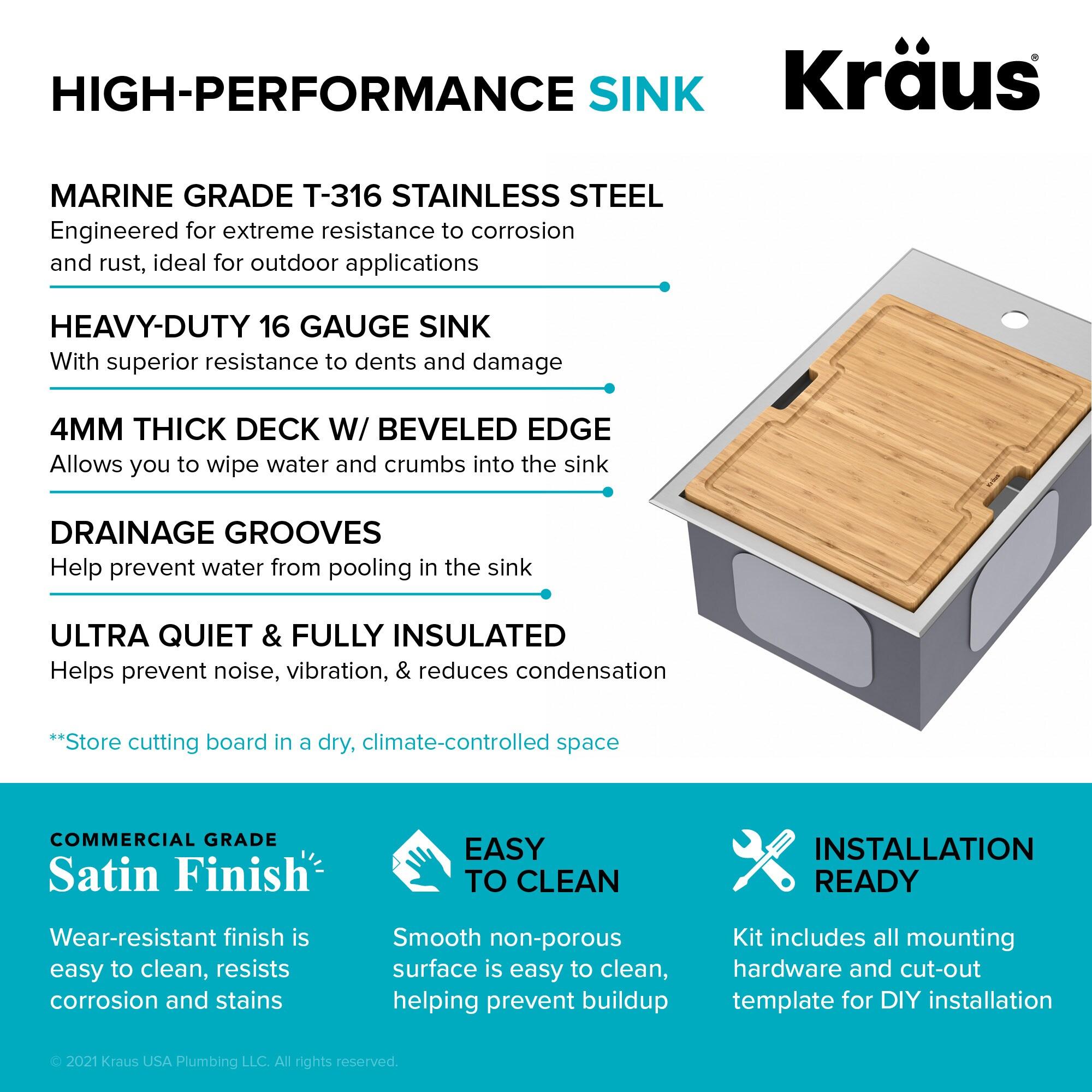 KRAUS Kore™ 15" L Outdoor Workstation Drop-In 16 Gauge Marine Grade T-316 Stainless Steel Single Bowl Kitchen Bar Sink