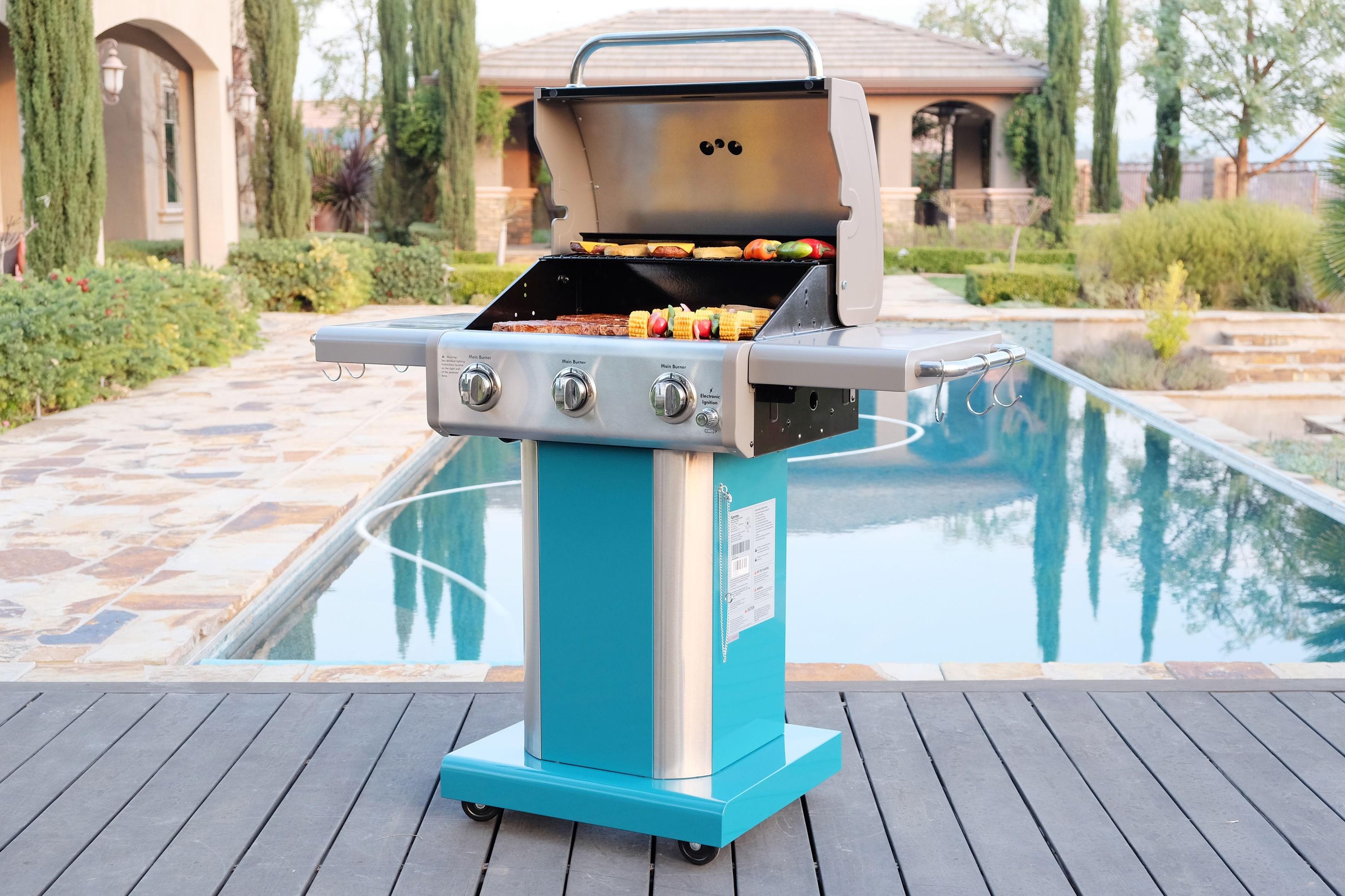 Kenmore 3-Burner Propane Gas Grill with Foldable Side Tables for Outdoor BBQ