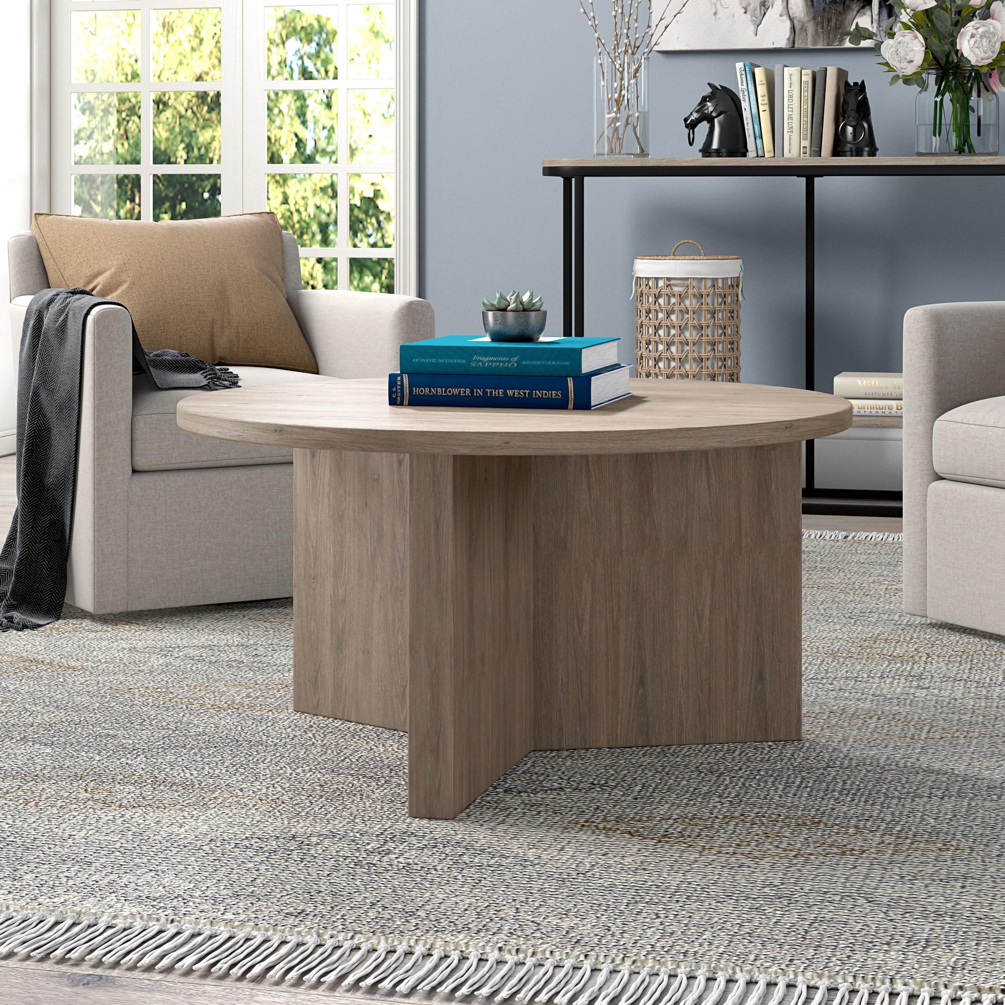 Evelyn&Zoe Anders Easy Assembly Round Medium Density Fiberboard Coffee Table, Antiqued Gray Oak