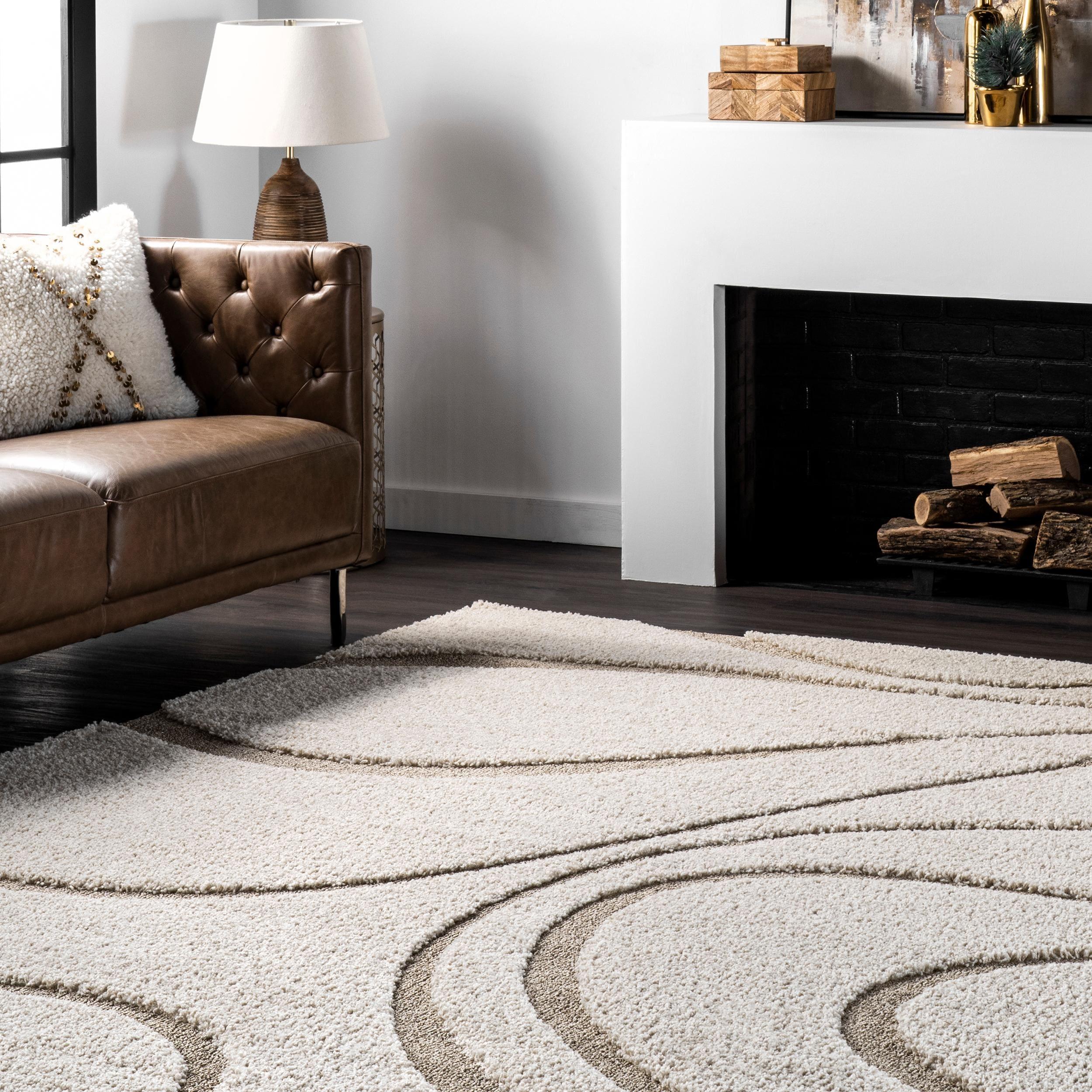 Nuloom Carolyn Abstract 8 Square Shag Indoor Area Rug for Living Room Bedroom Dining Room Nursery, Cream/Beige
