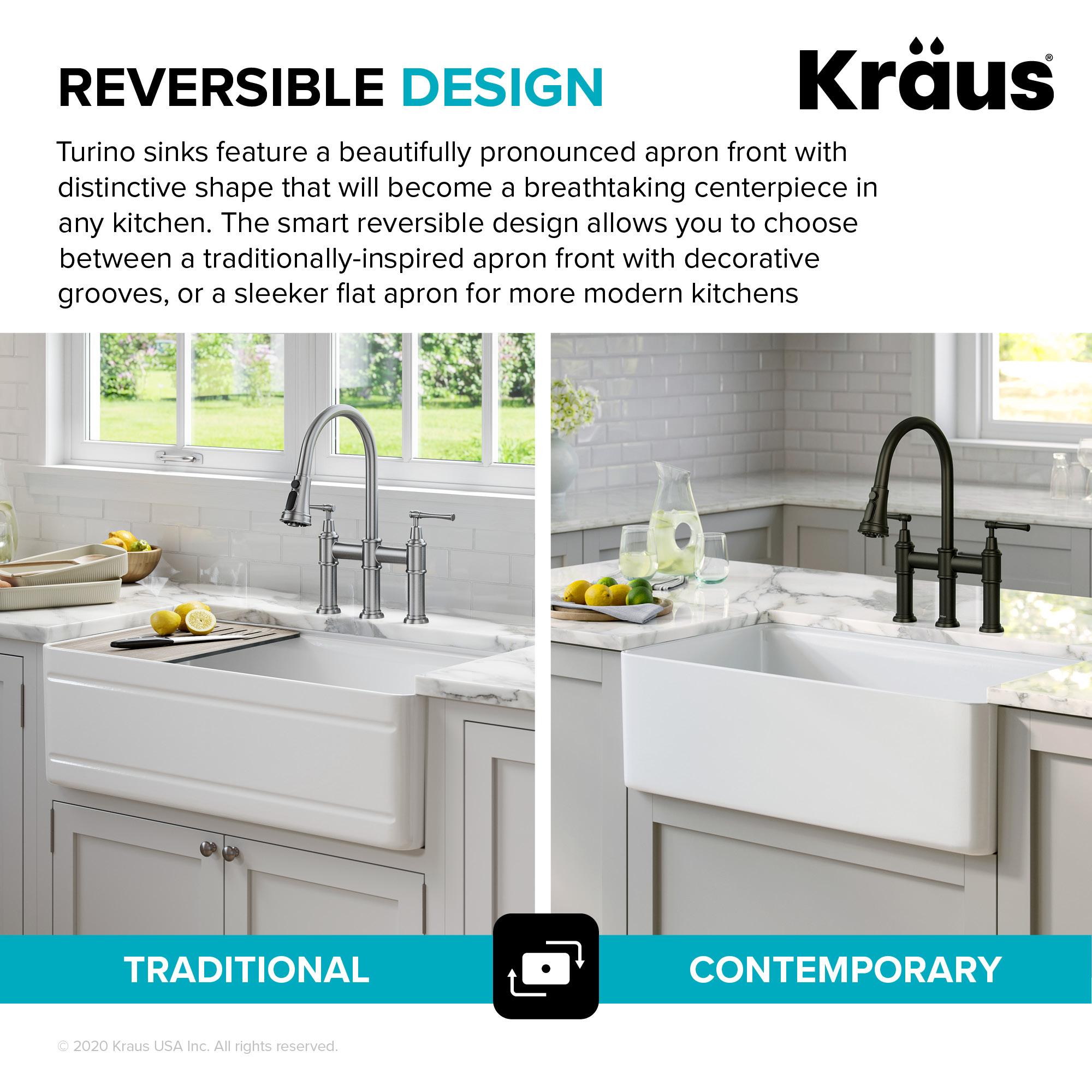 KRAUS Turino™ Workstation 33" L Farmhouse Reversible Apron Front Fireclay Single Bowl Kitchen Sink