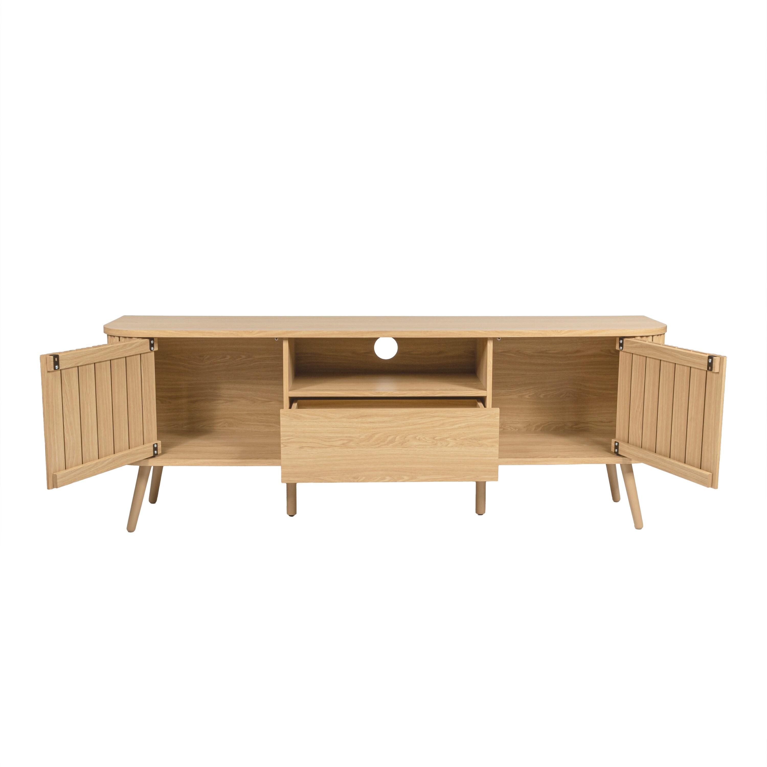 JONATHAN Y Damien 70 in. Farmhouse Curved TV Stand with Drawer and Storage Doors Fits TVs up to 75 in. with Cable Management, Oak