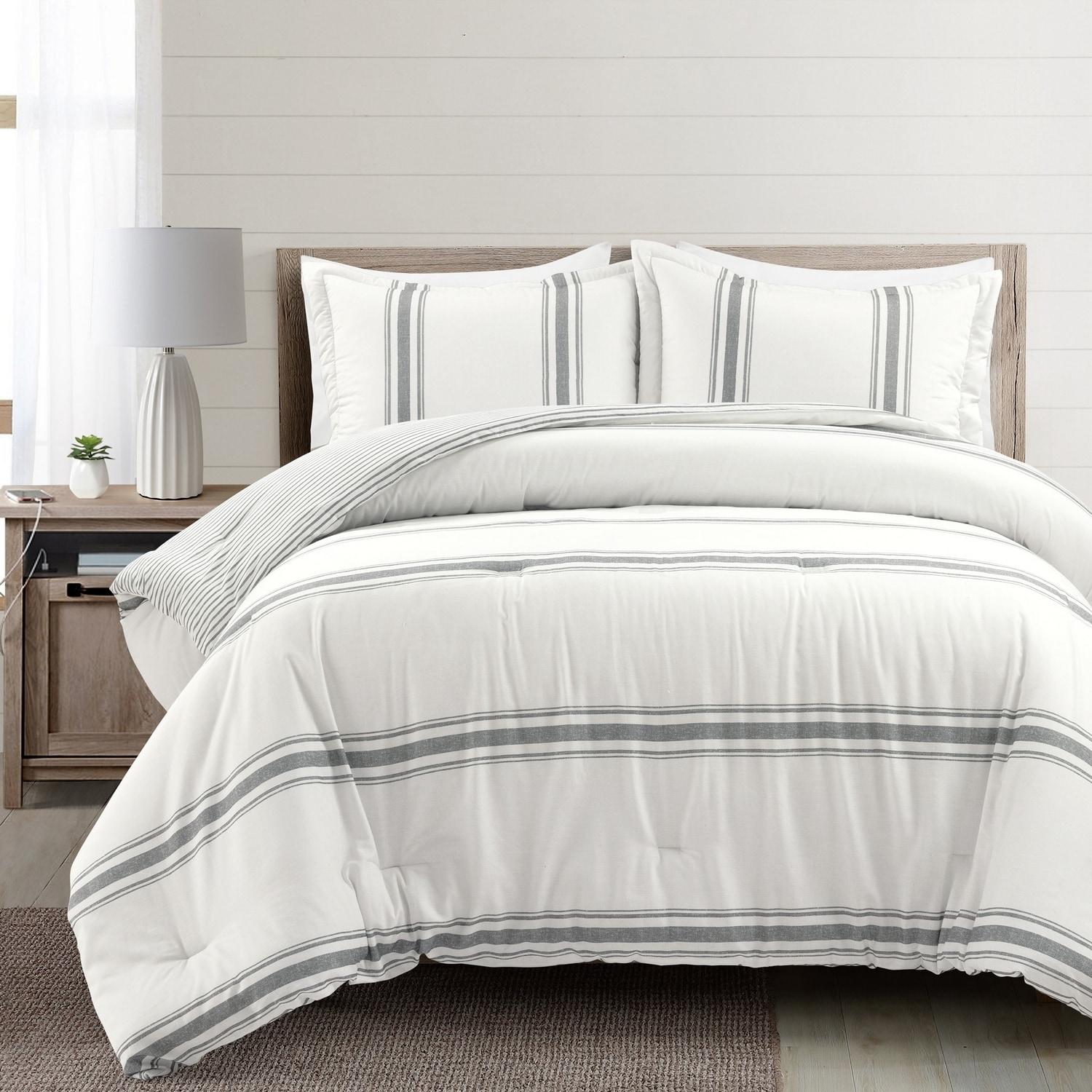 Lush Decor Farmhouse Stripe Reversible Cotton Comforter Dark Gray 3Pc Set Full/Queen