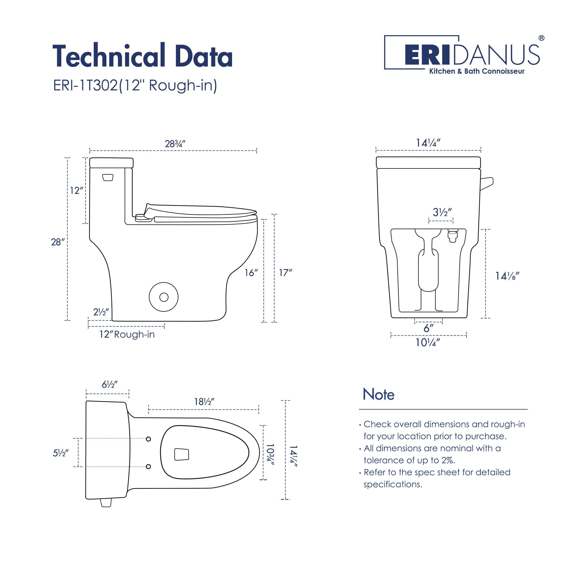 Eridanus One Piece Toilet Elongated With Soft Closing Seat, Comfortable ADA Compliant 17" Chair Height Seat, Powerful & Quiet Left Side Trip Lever Flush (1.28 GPF), 12" Rough-In