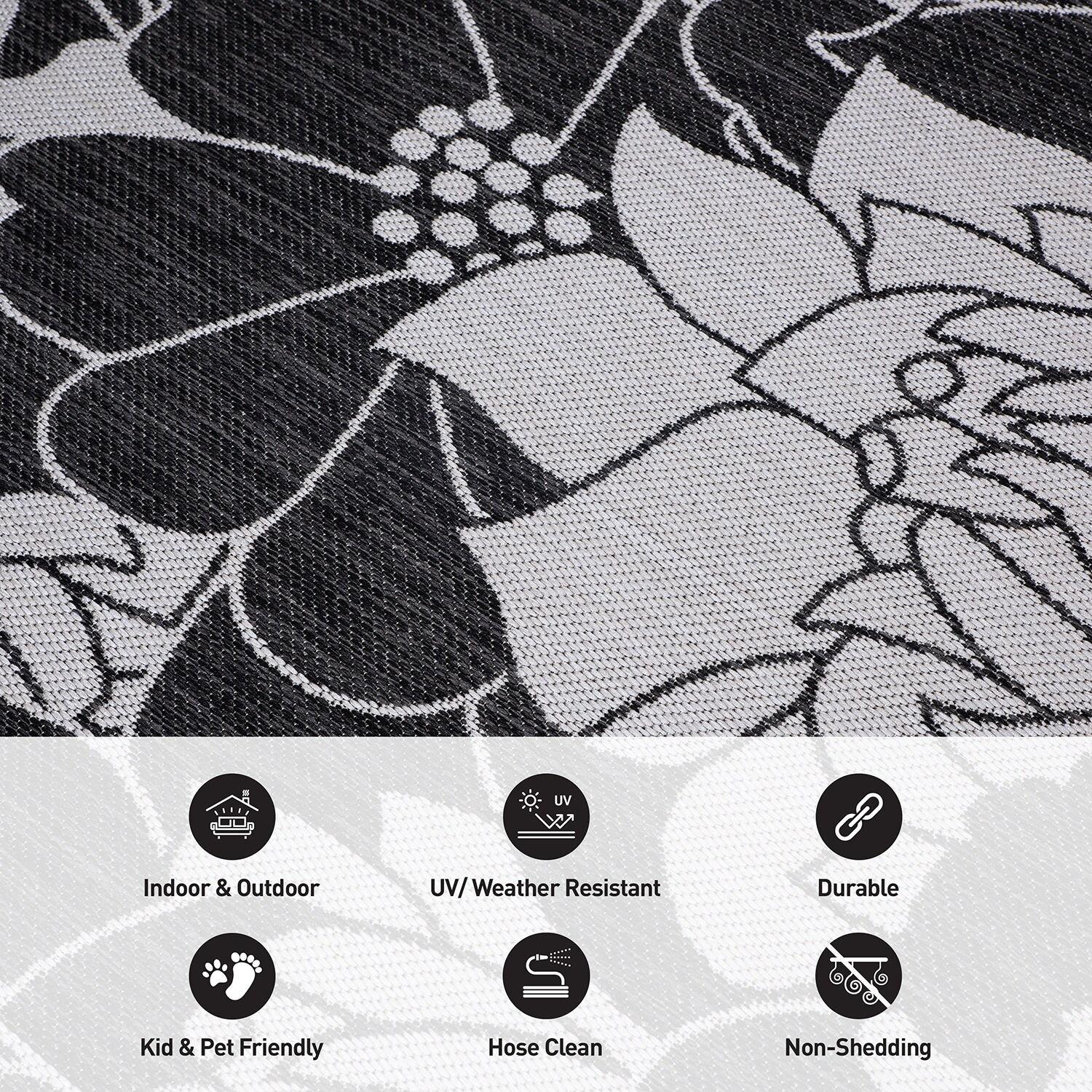 World Rug Gallery Modern Floral Flowers Textured Flat Weave Indoor/Outdoor Area Rug - BLACK 5' X 7'
