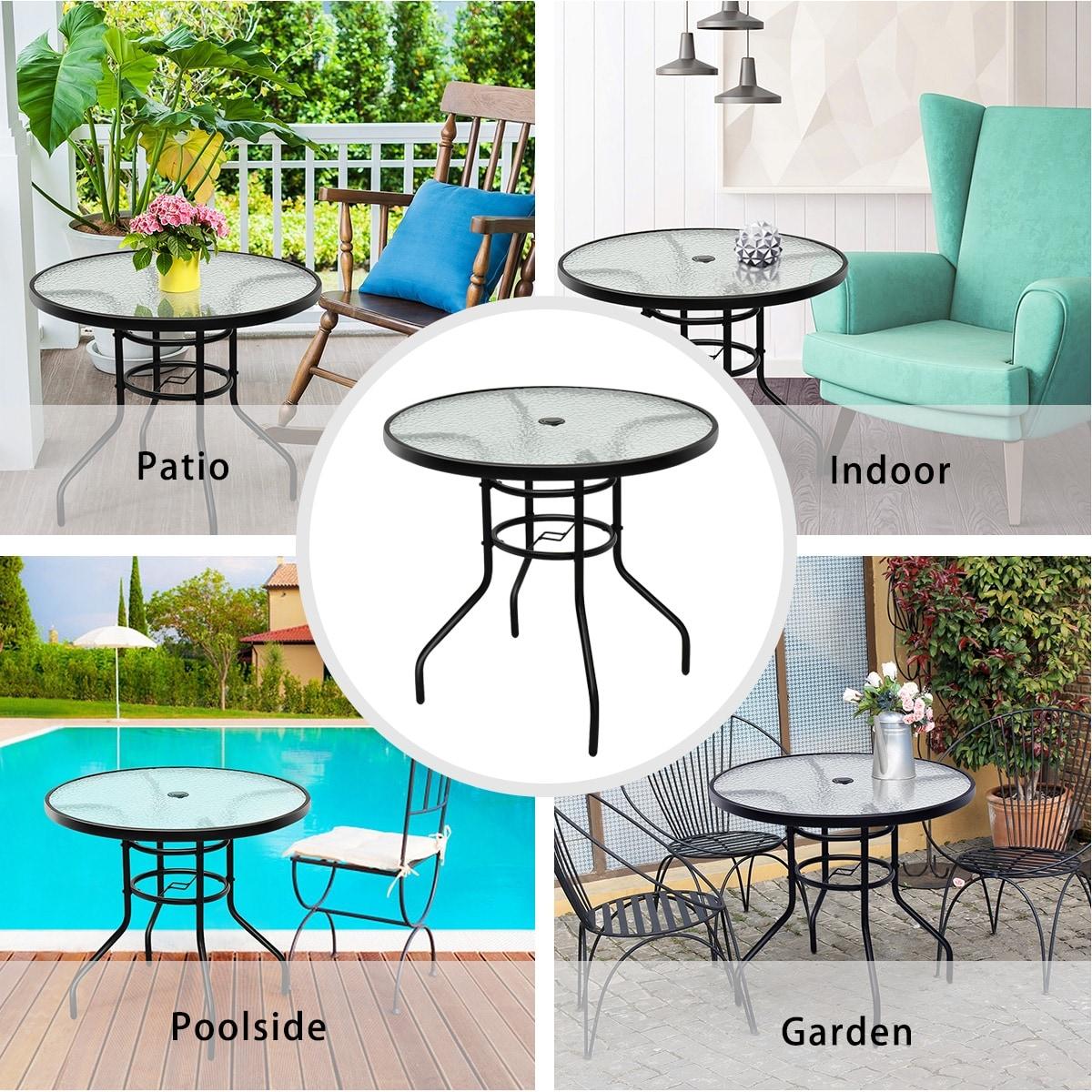 Costway 32'' Patio Round Table Tempered Glass Steel Frame Outdoor Pool Yard Garden