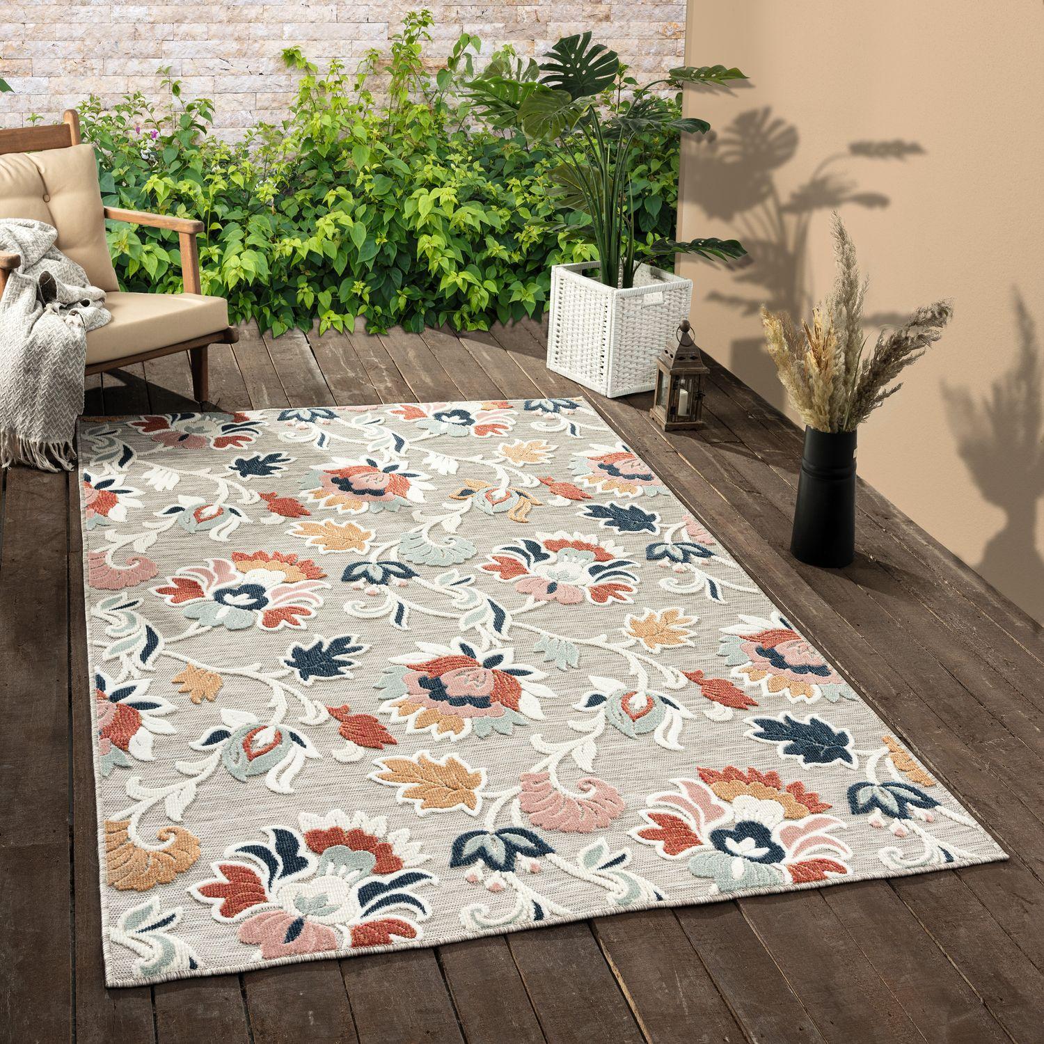 HomeRoots 5' X 7' Blue And Gray Floral Stain Resistant Indoor Outdoor Area Rug