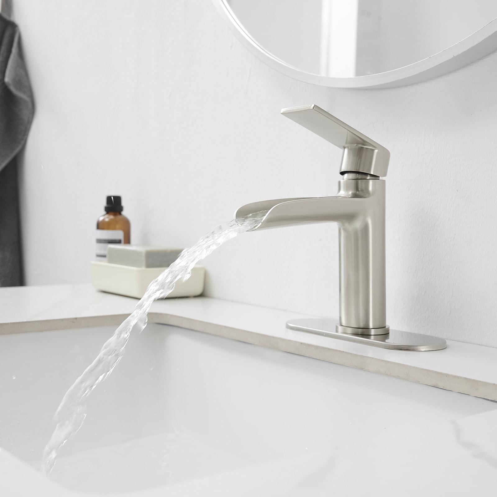 BWE Bathroom Faucets Waterfall Bathroom Faucet with Pop Up Drain for Bathroom Sink Single Hole Farmhouse RV Bathroom Basin Faucet Brushed Nickel