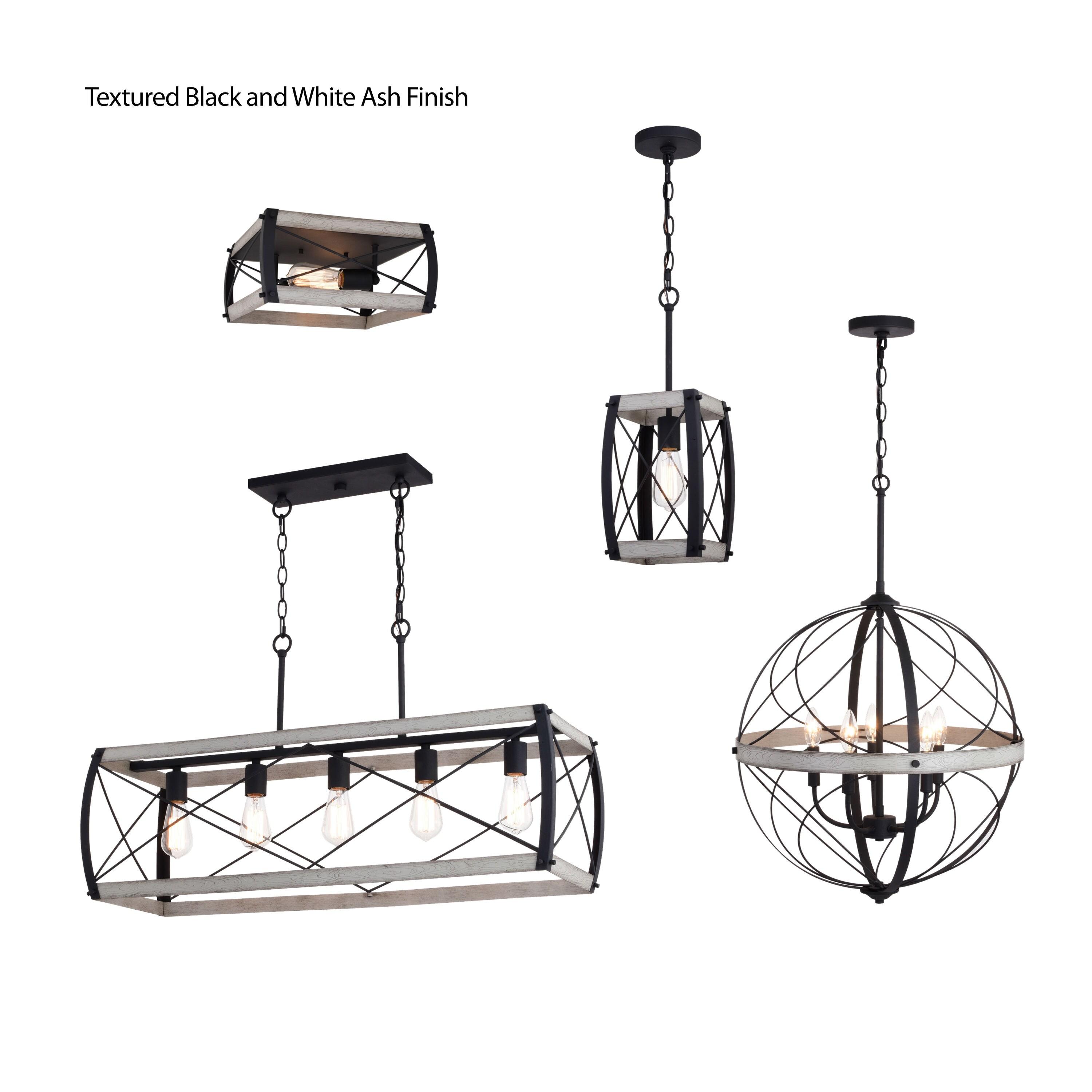 VAXCEL Montclare 5L Black and White Ash Wood Farmhouse Cage Linear Chandelier Island Pendant Light Fixture