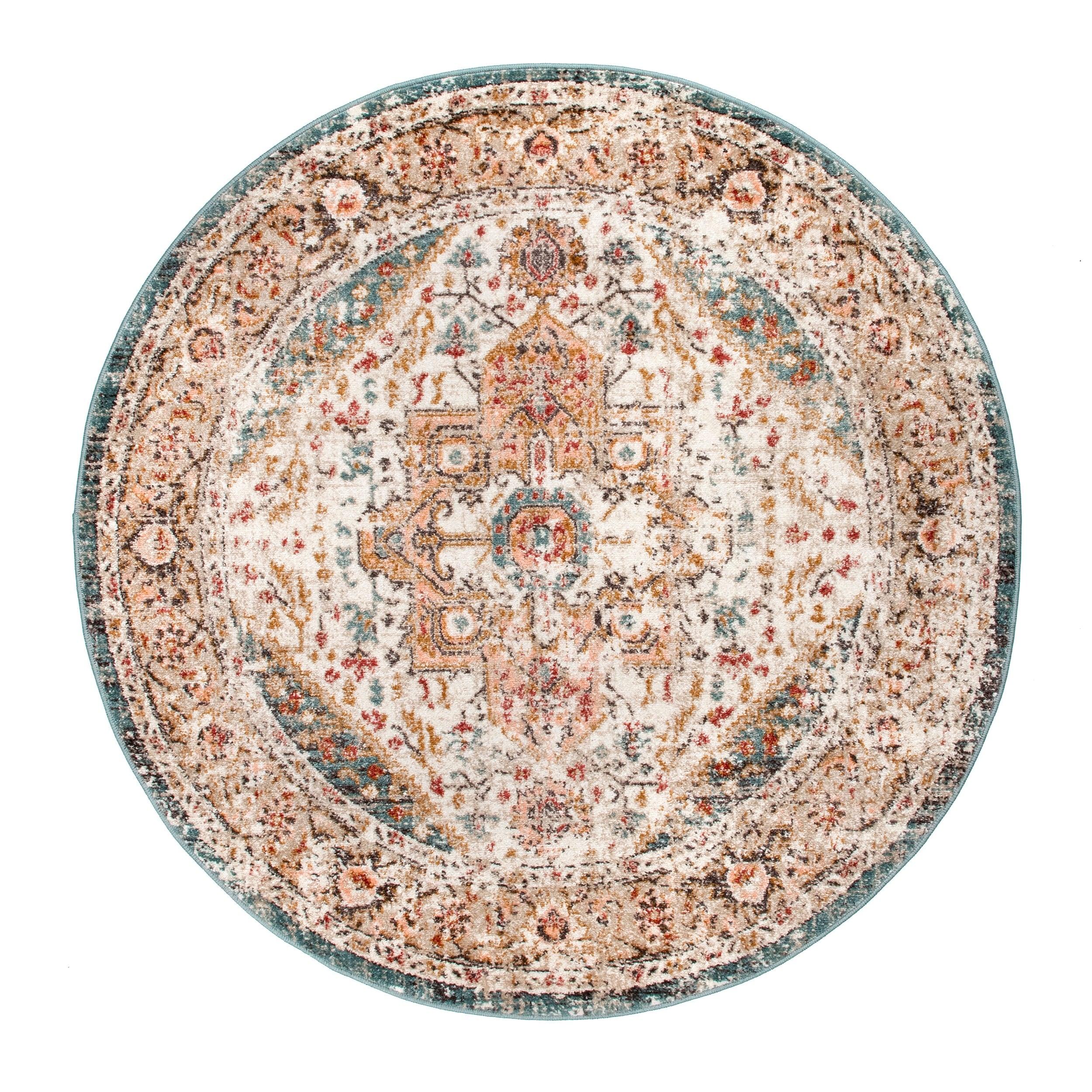 Nuloom 5 Round Justine Vintage Medallion Indoor Area Rug, Beige, Faded Persian Design, Stain Resistant, BedroomLiving Room, Kitchen,