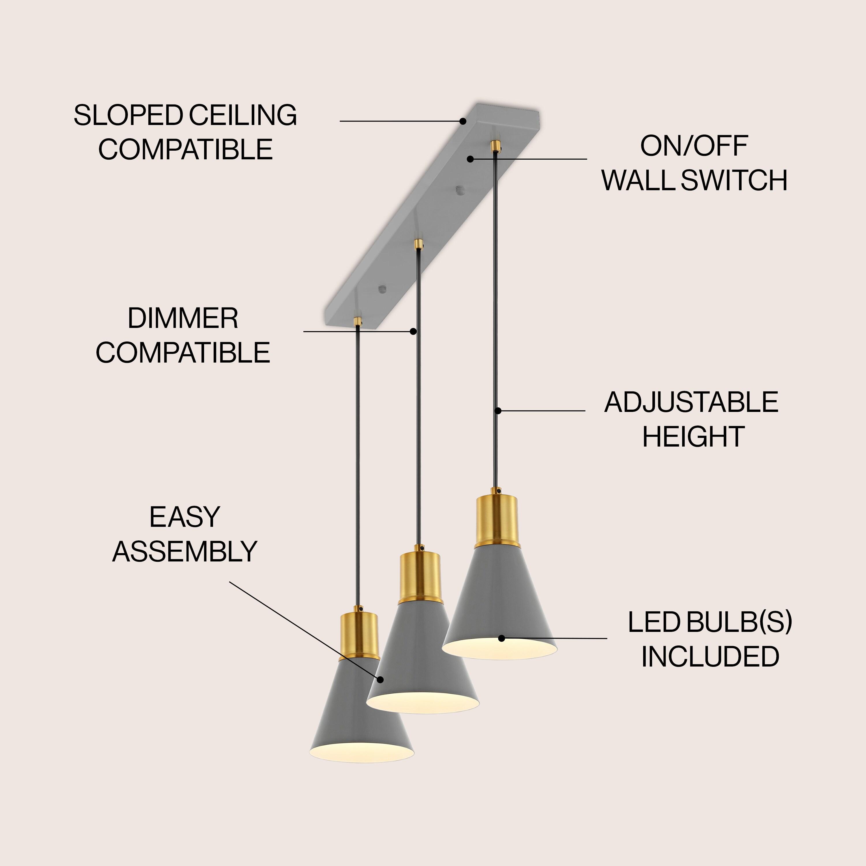 Apollo 33.5" 3-Light Mid-Century Modern Iron Adjustable Linear LED Pendant, Gray/Brass Gold