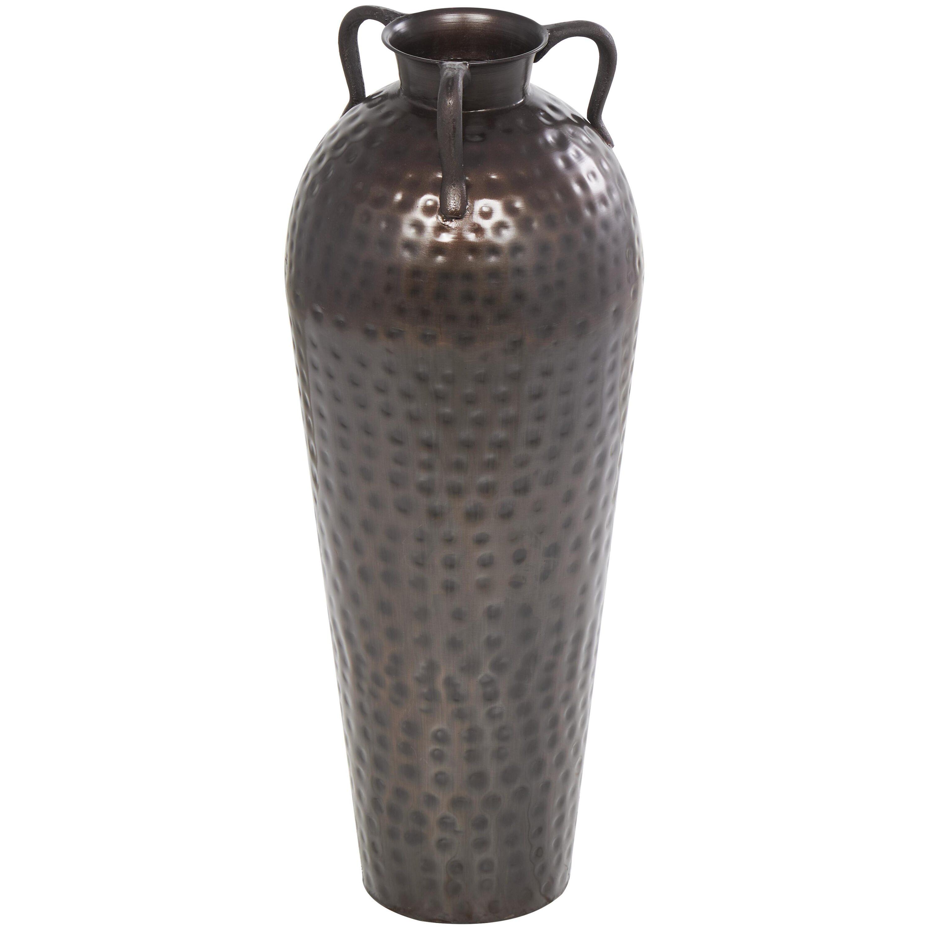 DecMode 28" Tall Floor Mediterranean Style Brown Metal Vase with Hammered Details and Handles