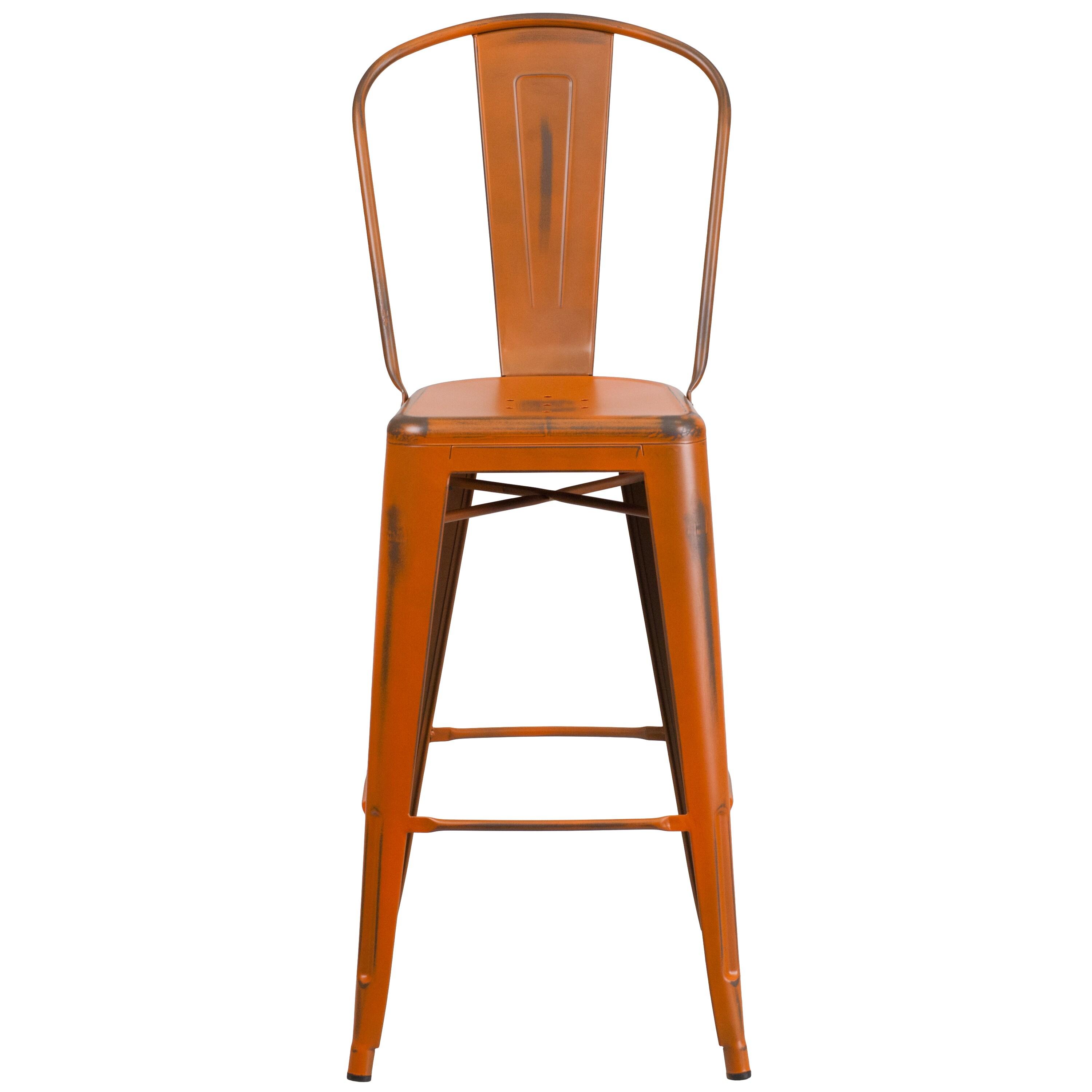 Flash Furniture Commercial Grade 30" High Distressed Orange Metal Indoor-Outdoor Barstool with Back