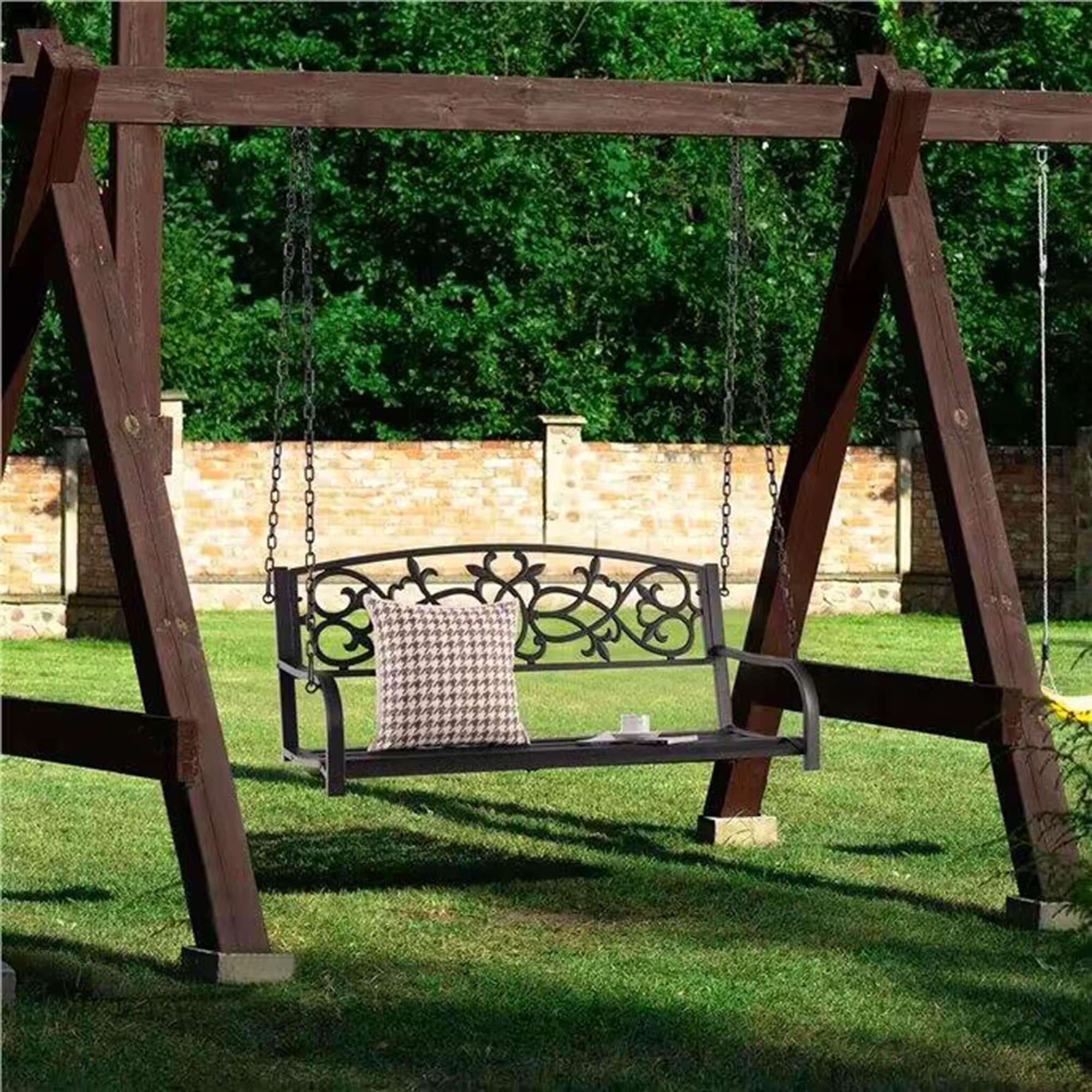 Resenkos Porch Swing, 2-Person Outdoor Porch Metal Hanging Swing Chair with Sturdy Chains-Brown, Hanging Outdoor Porch Swings for Garden, Backyard