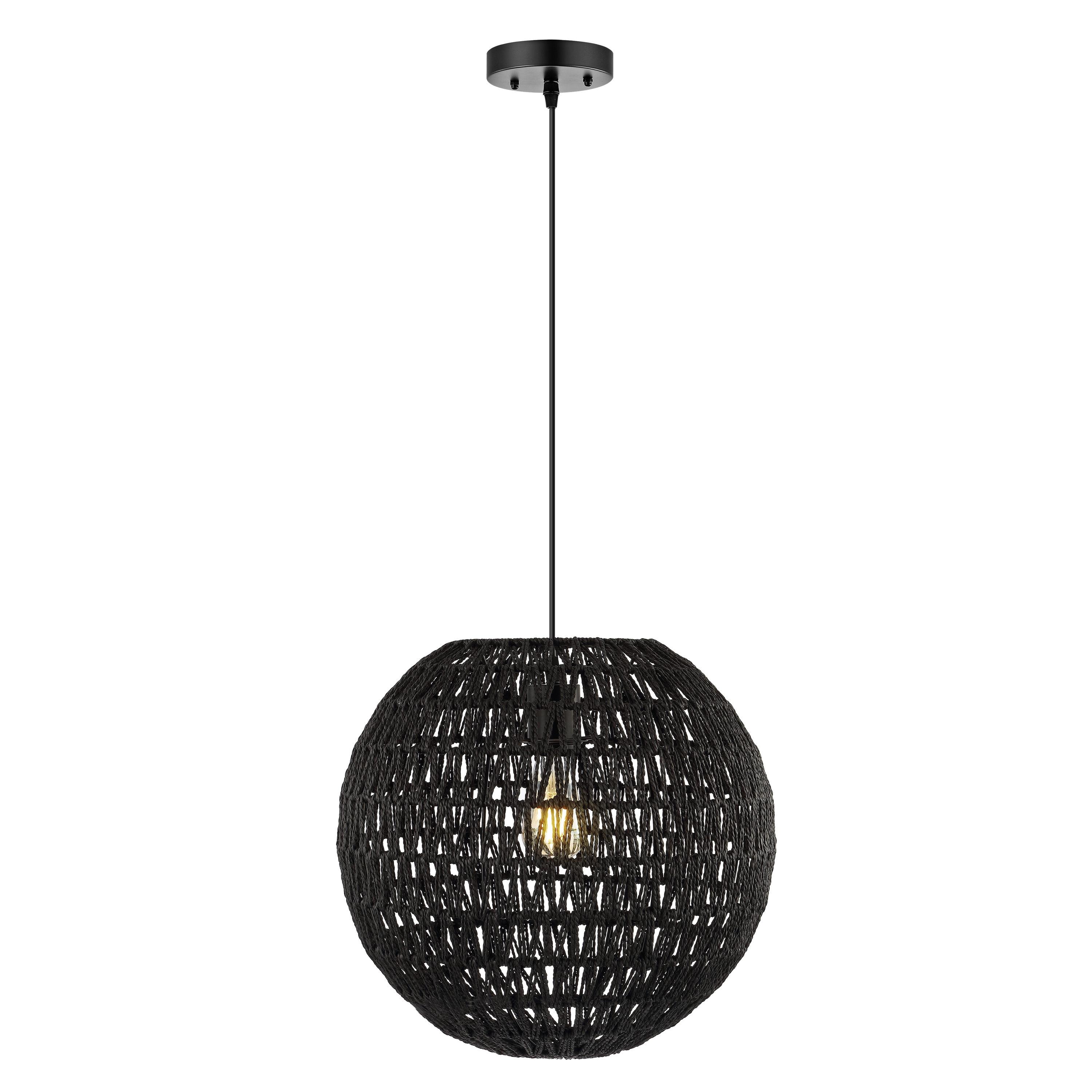 Luna 15.75" 1-Light Bohemian Modern Woven Rattan/Iron LED Pendant, Black