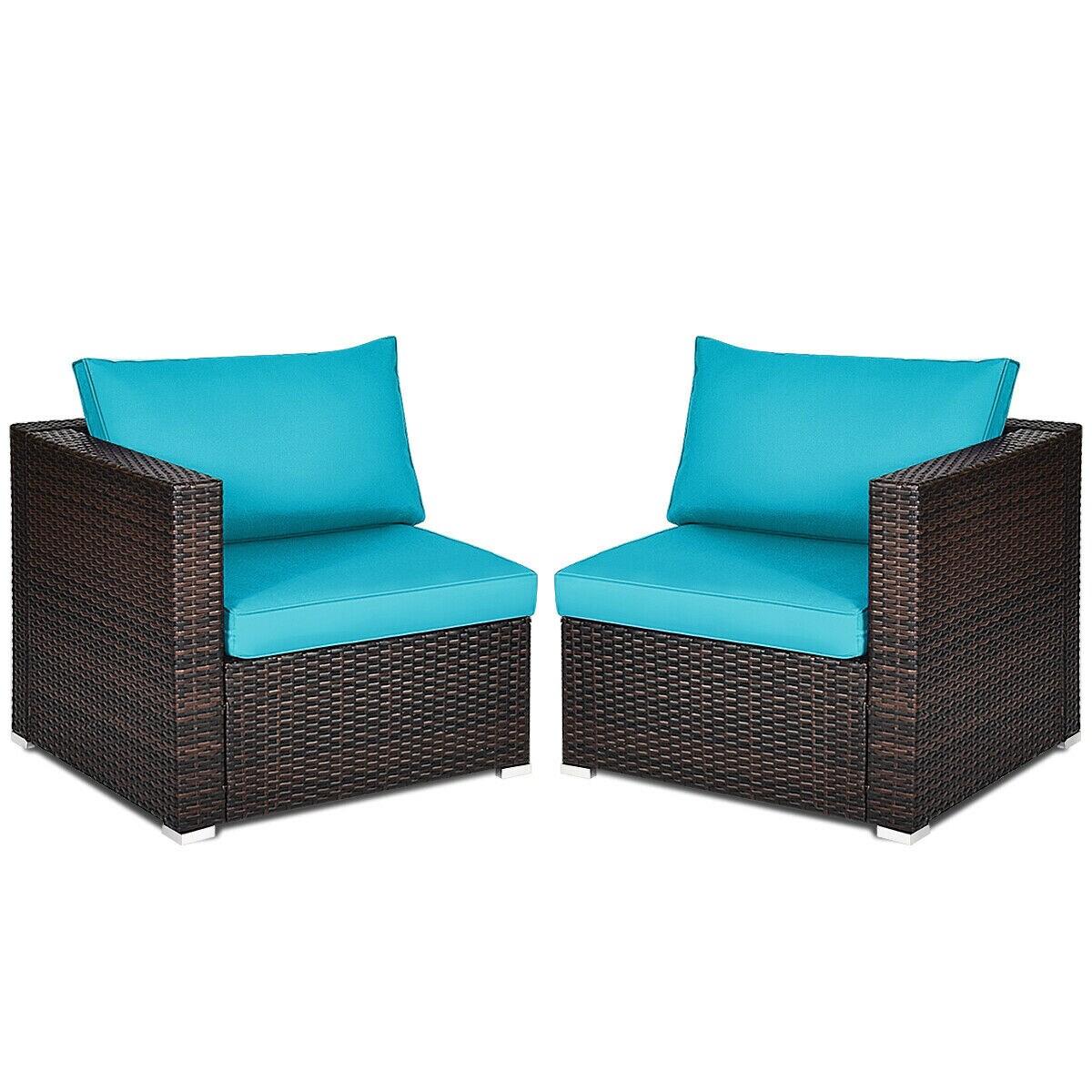 Costway 2PCS Patio Rattan Corner Sofa Sectional Furniture Blue Cushion
