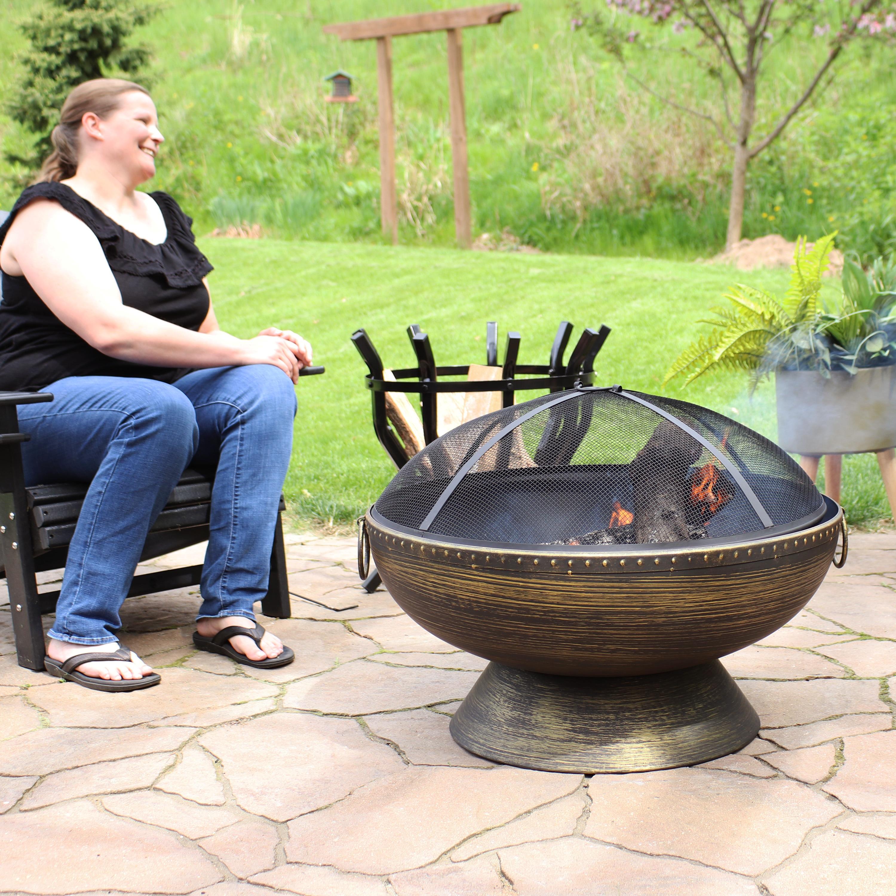 SunnyDaze Decor 30" Wood-Burning Black Finish Steel Fire Pit Bowl with Screen, Grate, and Poker