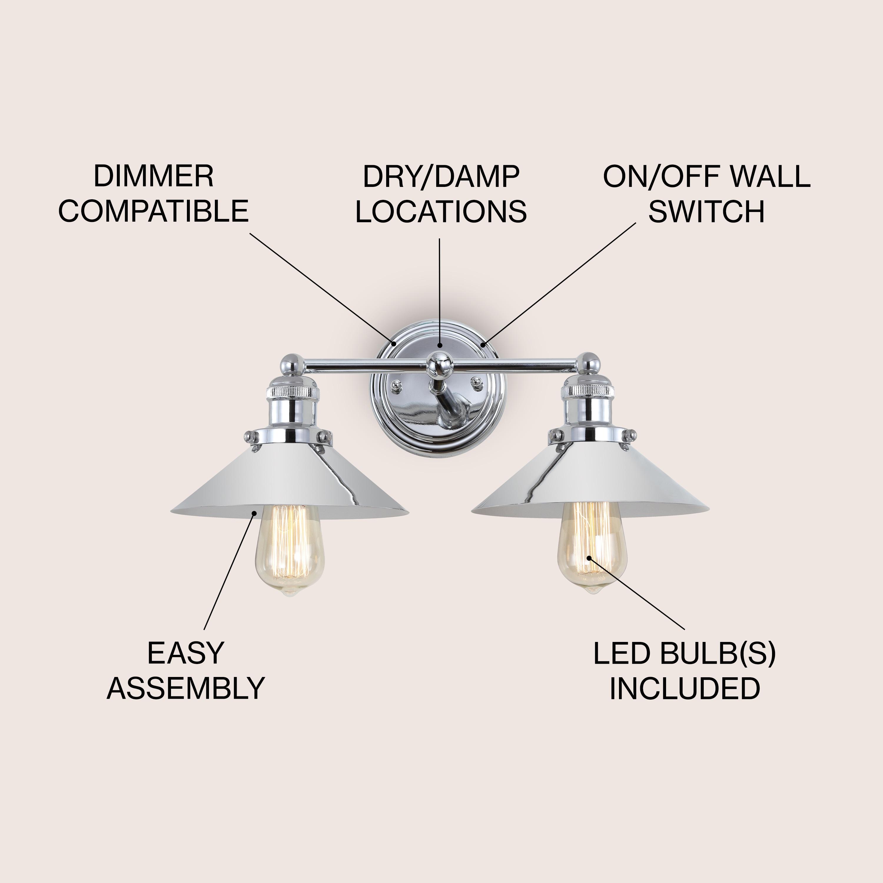 17.5" Metal June Vanity Wall Light Silver - JONATHAN Y: Chrome Finish, Industrial Style, ETL Listed, 2-Light Fixture