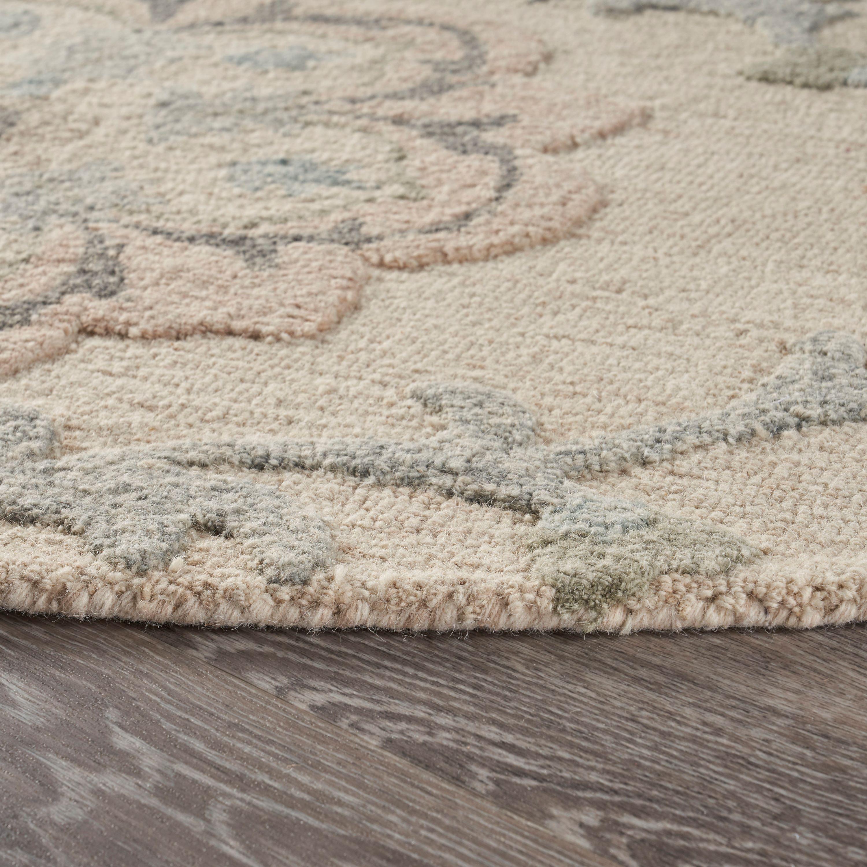LR Home Aiden 7'3" Round Ivory and Blue Floral Wool Indoor Area Rug