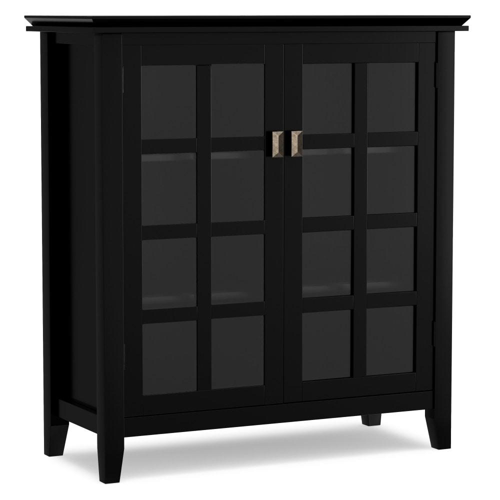Simpli Home Artisan 38"W Solid Wood 4-Shelf Medium Storage Cabinet with Glass Doors and Adjustable Shelves