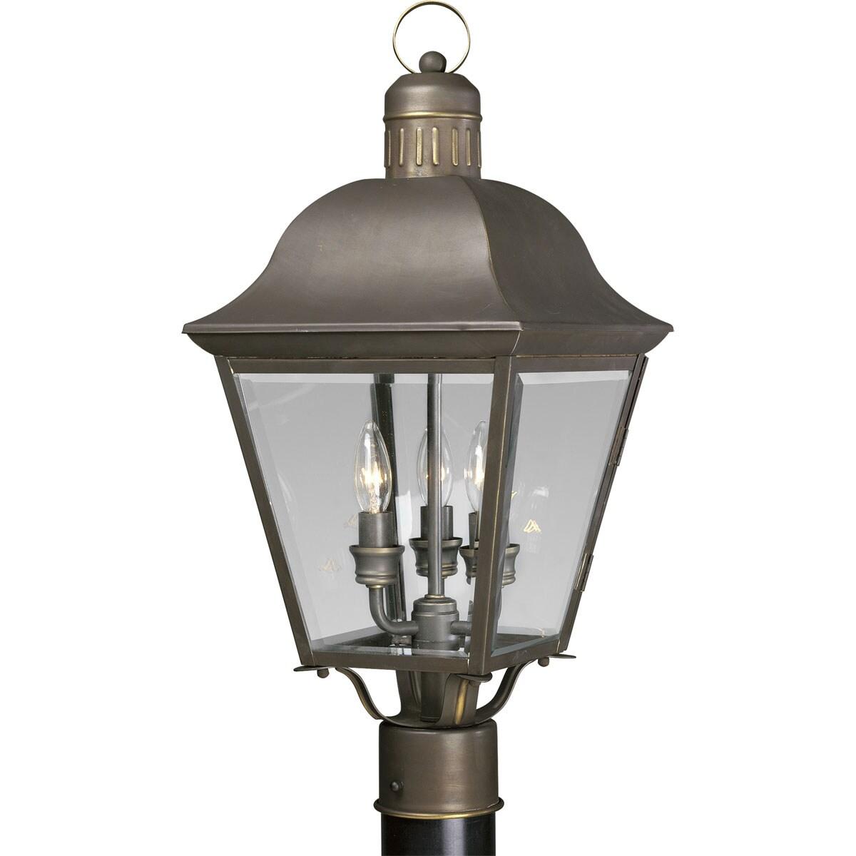 Progress Lighting Andover 3-Light Outdoor Post Lantern in Antique Bronze with Beveled Glass Panels