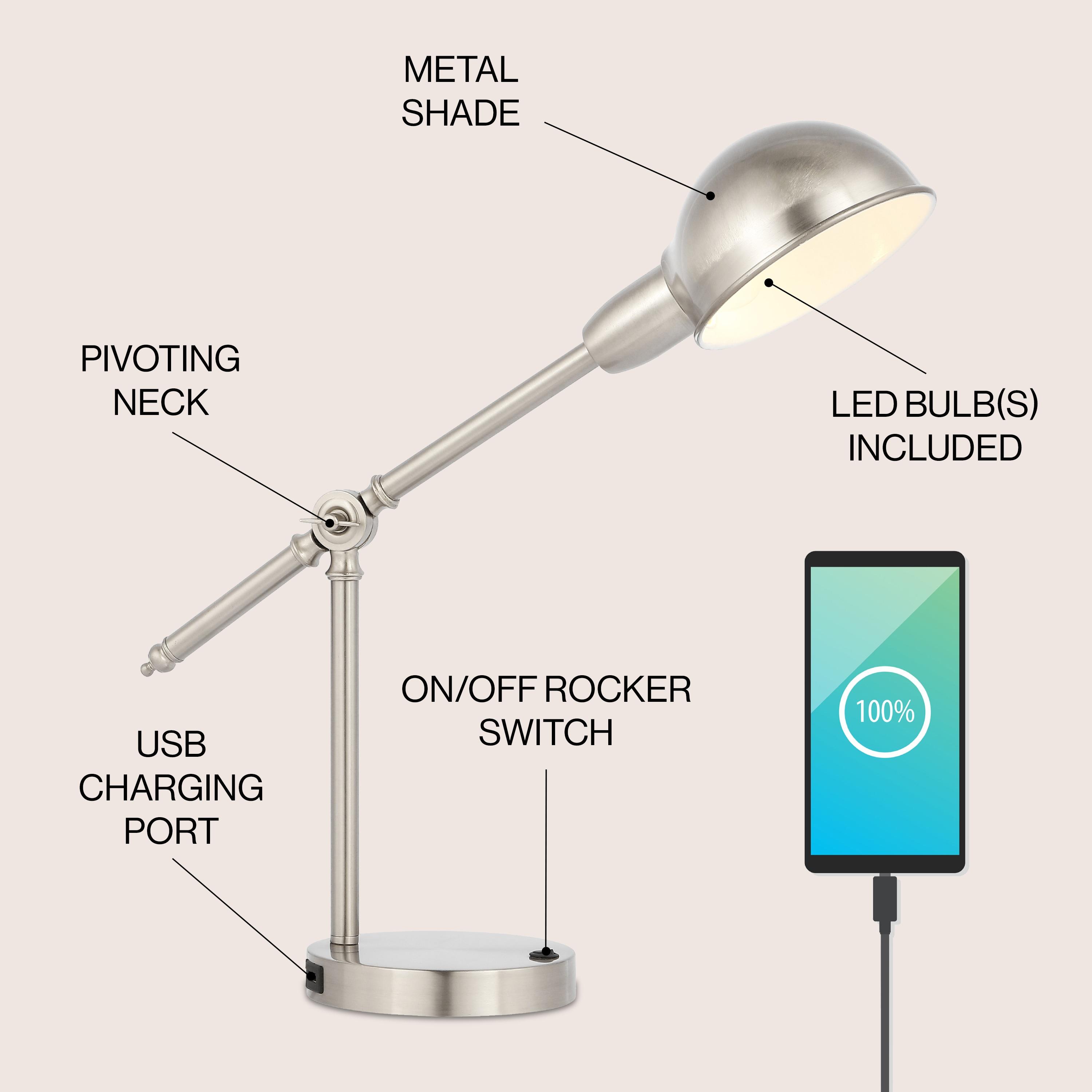 JONATHAN Y Curtis 20.25" Vintage Industrial Iron Adjustable Dome Shade LED Task Lamp with USB Charging Port, Nickel, JYL7123B