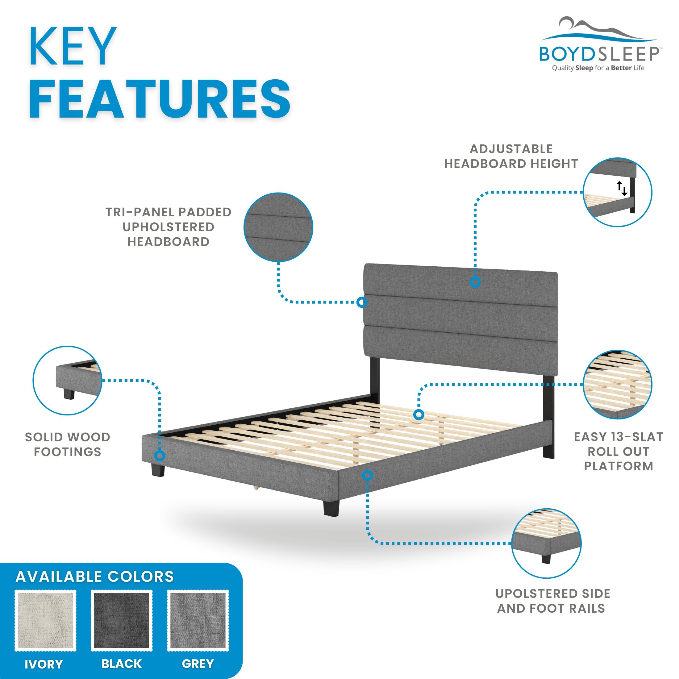 Boyd Sleep Boyd Sleep Sicily Upholstered Linen Tri Panel Platform Bed Frame with Adjustable Height Headboard, Sturdy 13 Slat Support System, No Box Spring Required