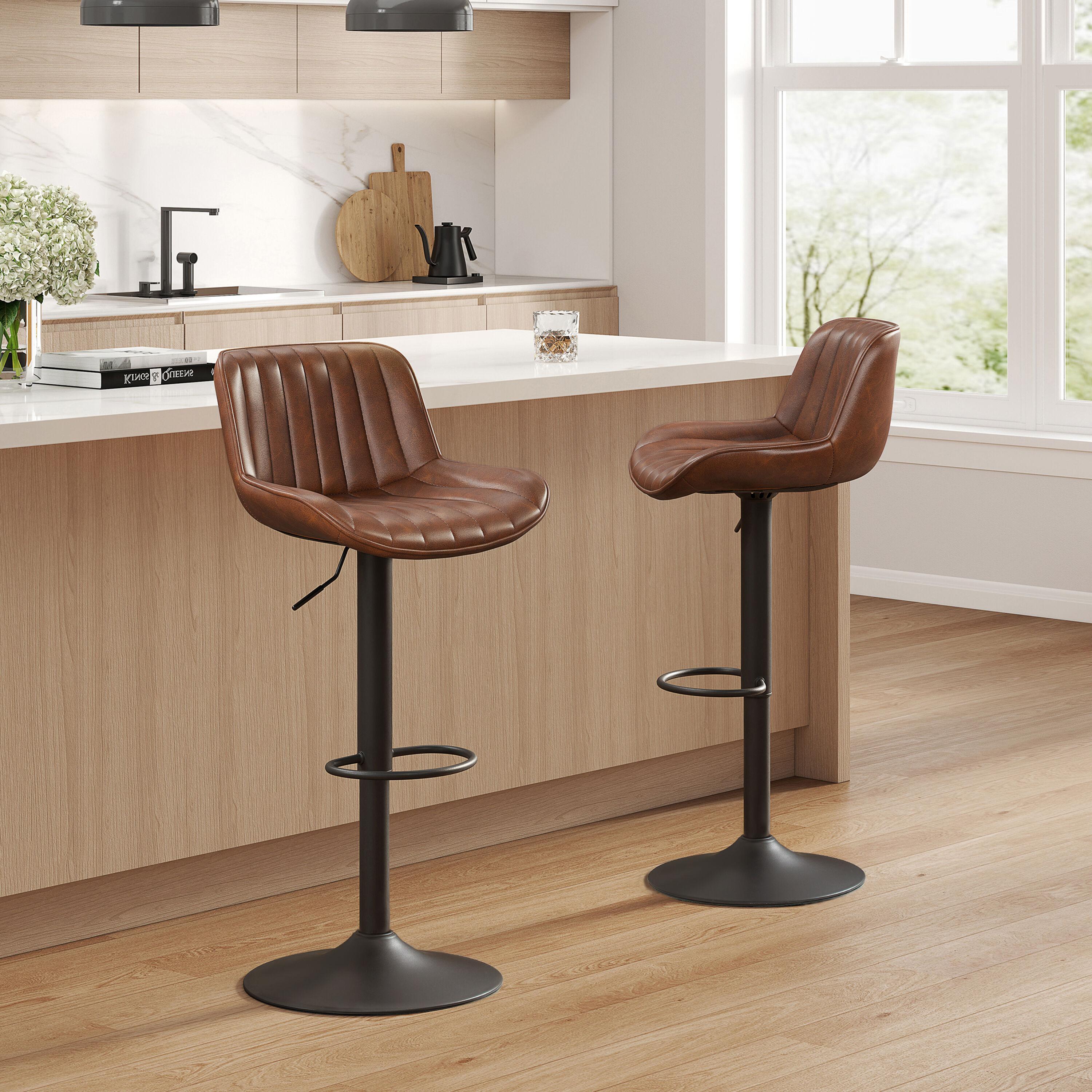 Art Leon Rustic Bar Stools Set of 2, Faux Leather with Backrest Chrome Legs, Upholstered Swivel Kitchen Stools, Cognac