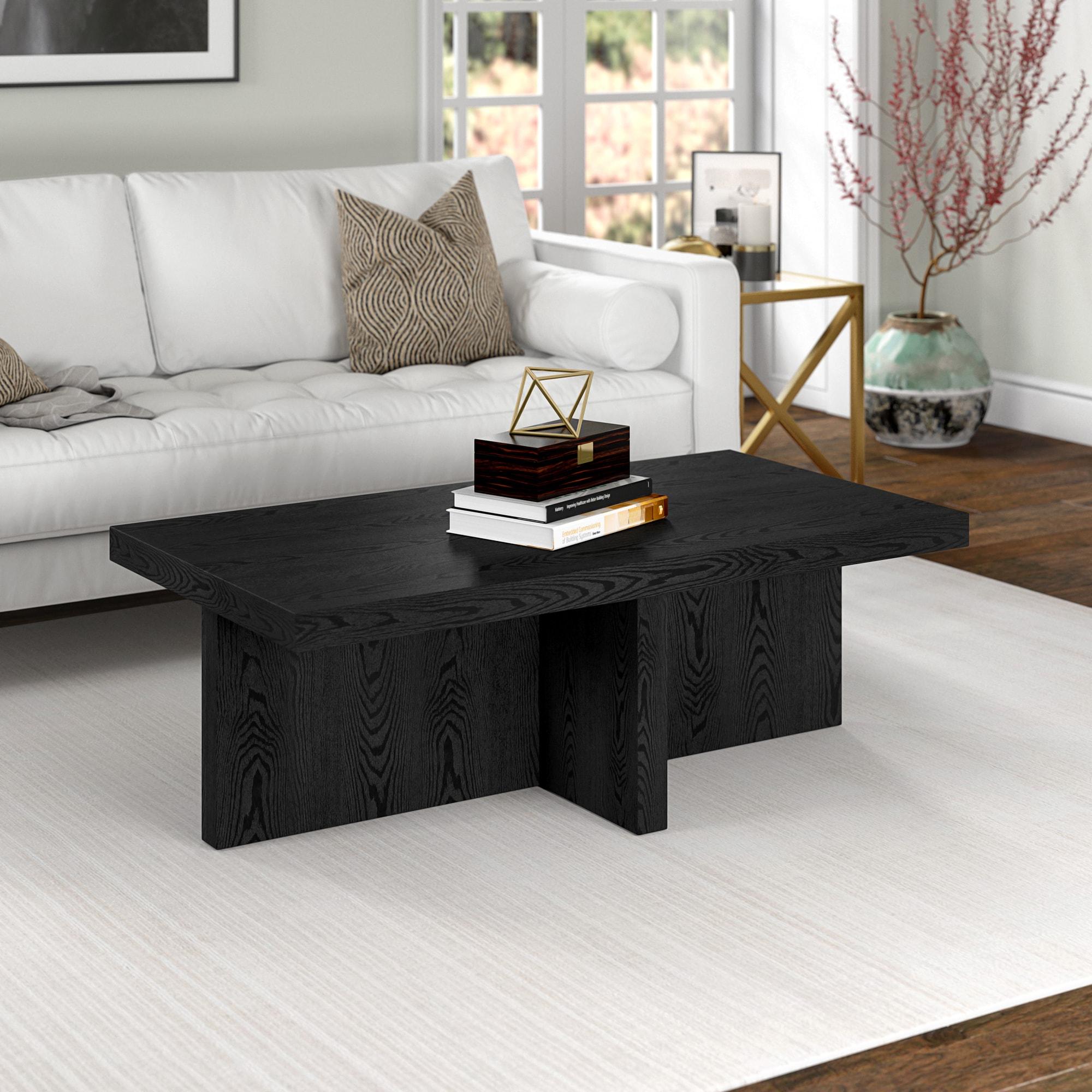 Evelyn and Zoe Elna Contemporary Wide Rectangular Wood Coffee Table, Black Grain