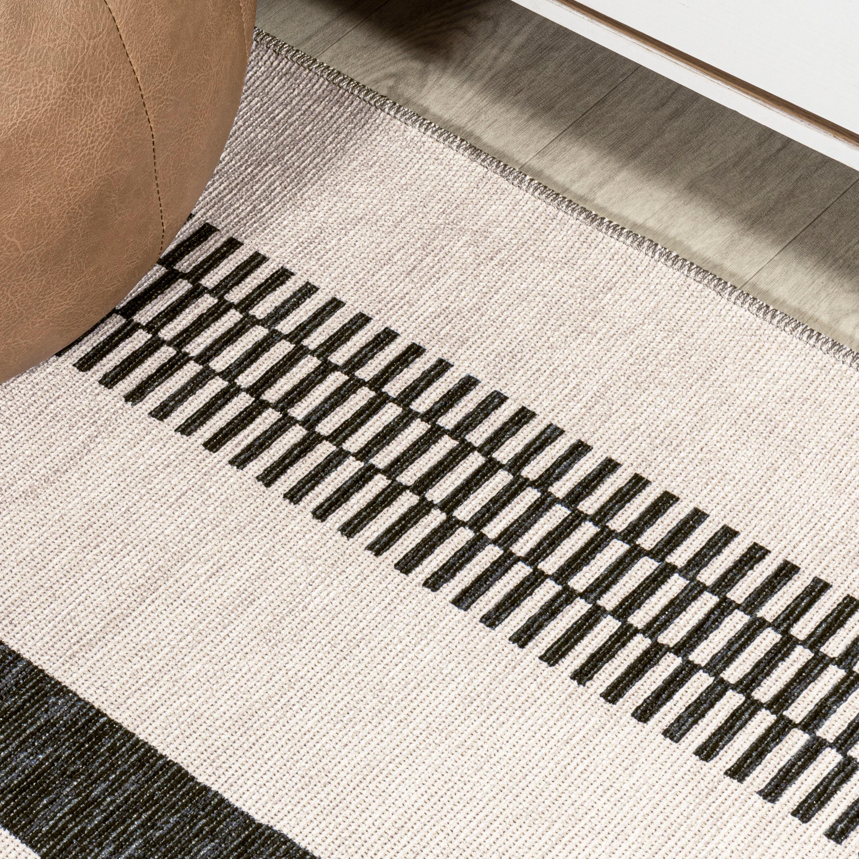 9' x 12' Vichy Geometric Striped Machine-Washable Area Rug, Cream/Black - JONATHAN Y