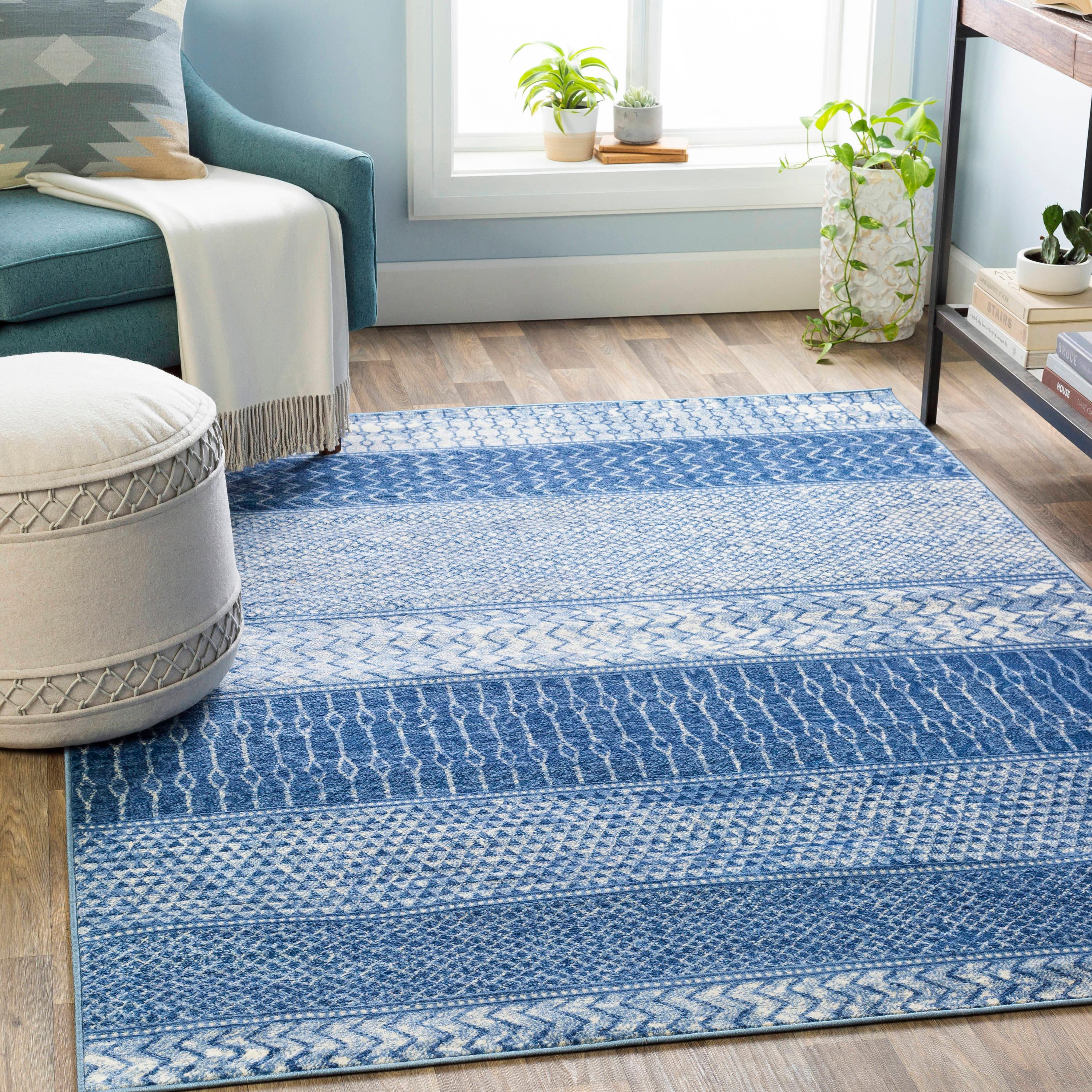 Reversible Blue Synthetic Easy-Care Rectangular Area Rug 6'7" x 9'6"