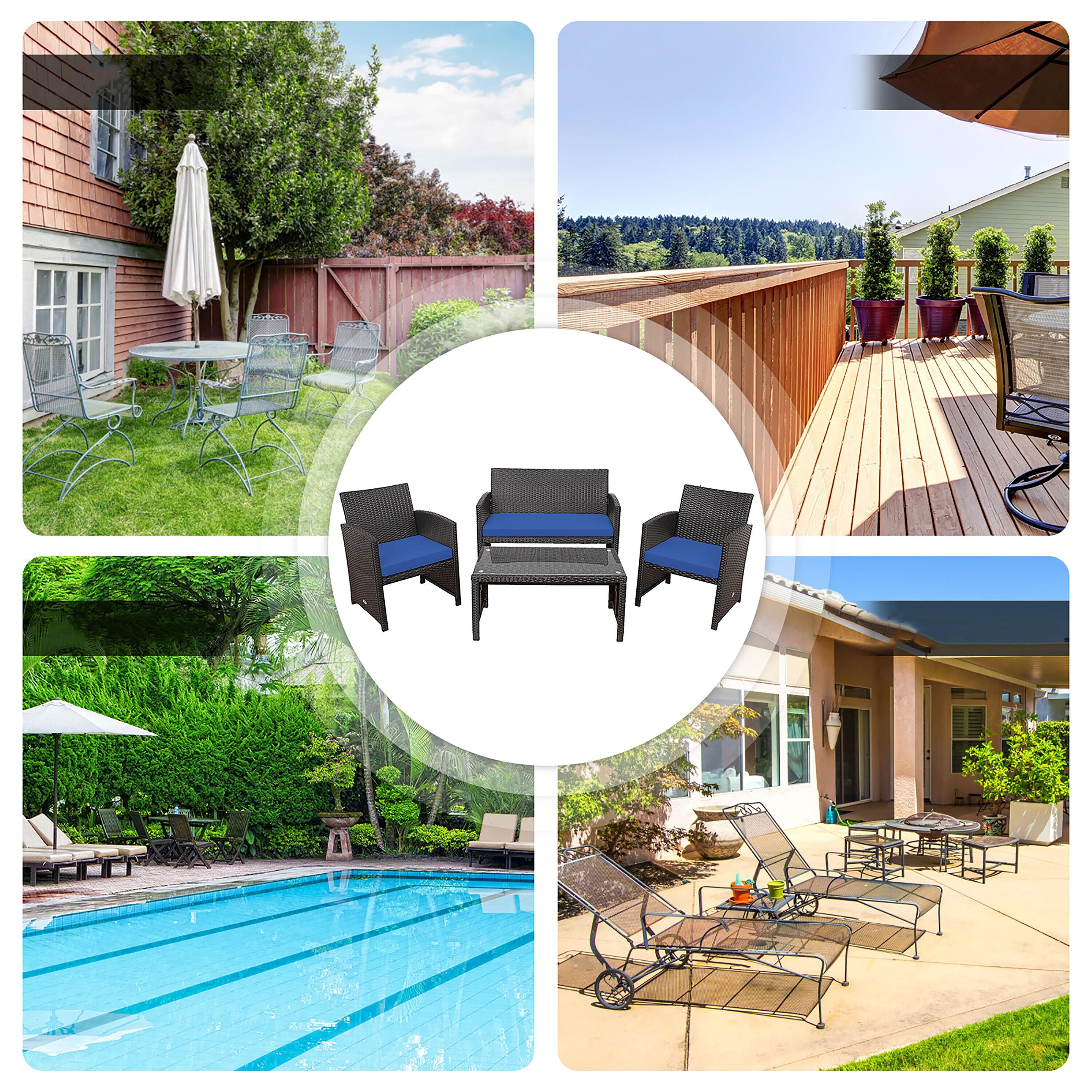 Resenkos 4 Pieces Outdoor Rattan Furniture Set, Wicker Furniture Sets, Patio Conversation Sets with Coffee Table Cushioned Sofa-Red