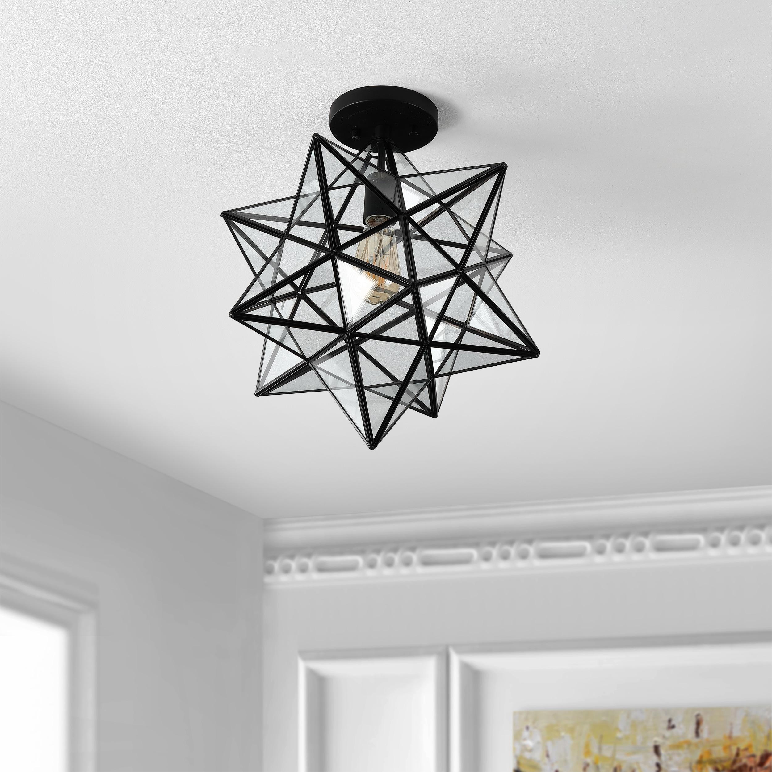 Ava 14.5" 1-Light Farmhouse Bohemian Iron/Glass LED Semi Flush Mount, Black/Clear