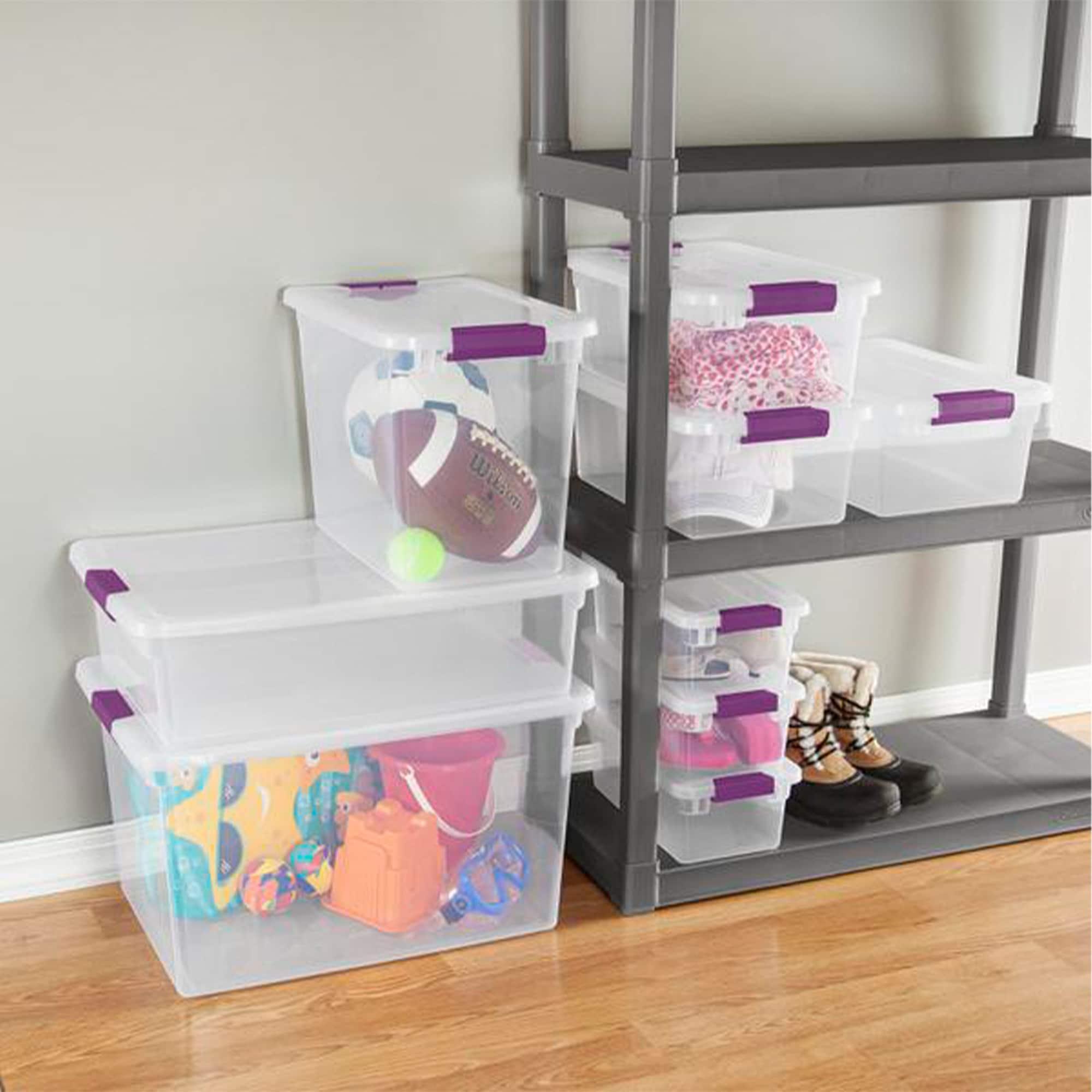 Sterilite 27 Qt ClearView Latch Storage Box Stackable Bin with Latching Lid, Plastic Container to Organize Clothes in Closet, Clear Base, Lid, 6-Pack