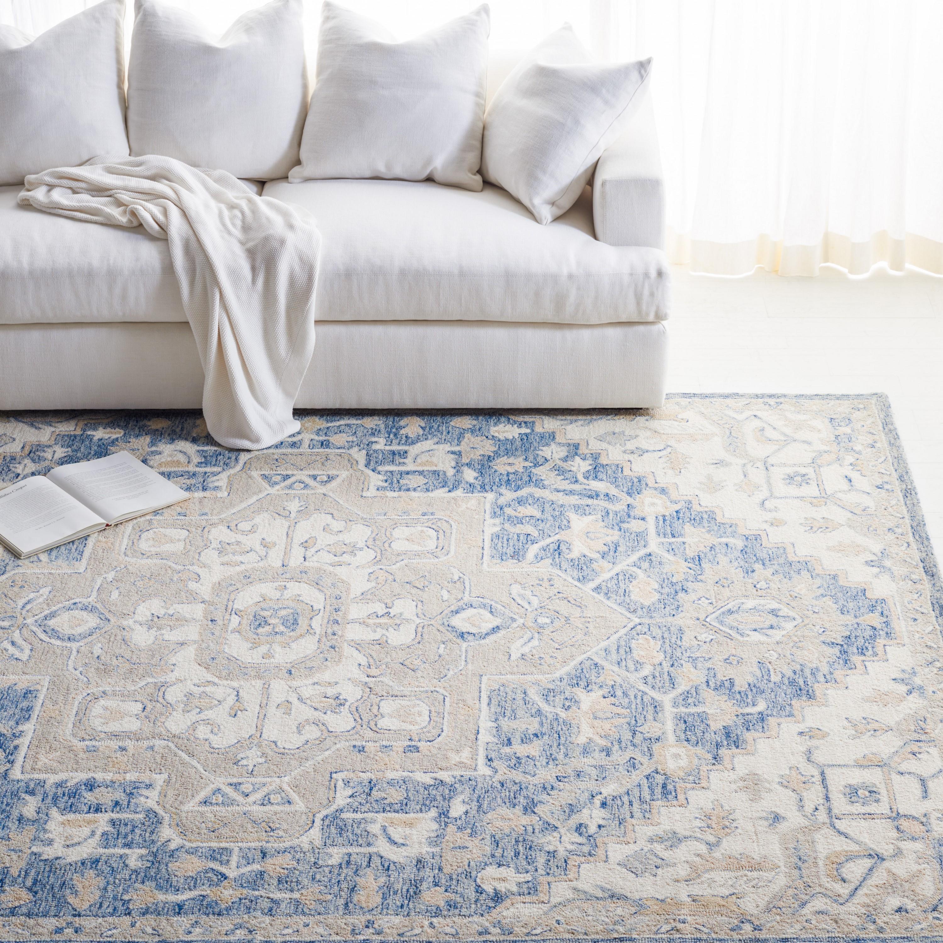 SAFAVIEH Micro-Loop Braylon Traditional Floral Wool Area Rug, Blue/Ivory, 9' x 12'