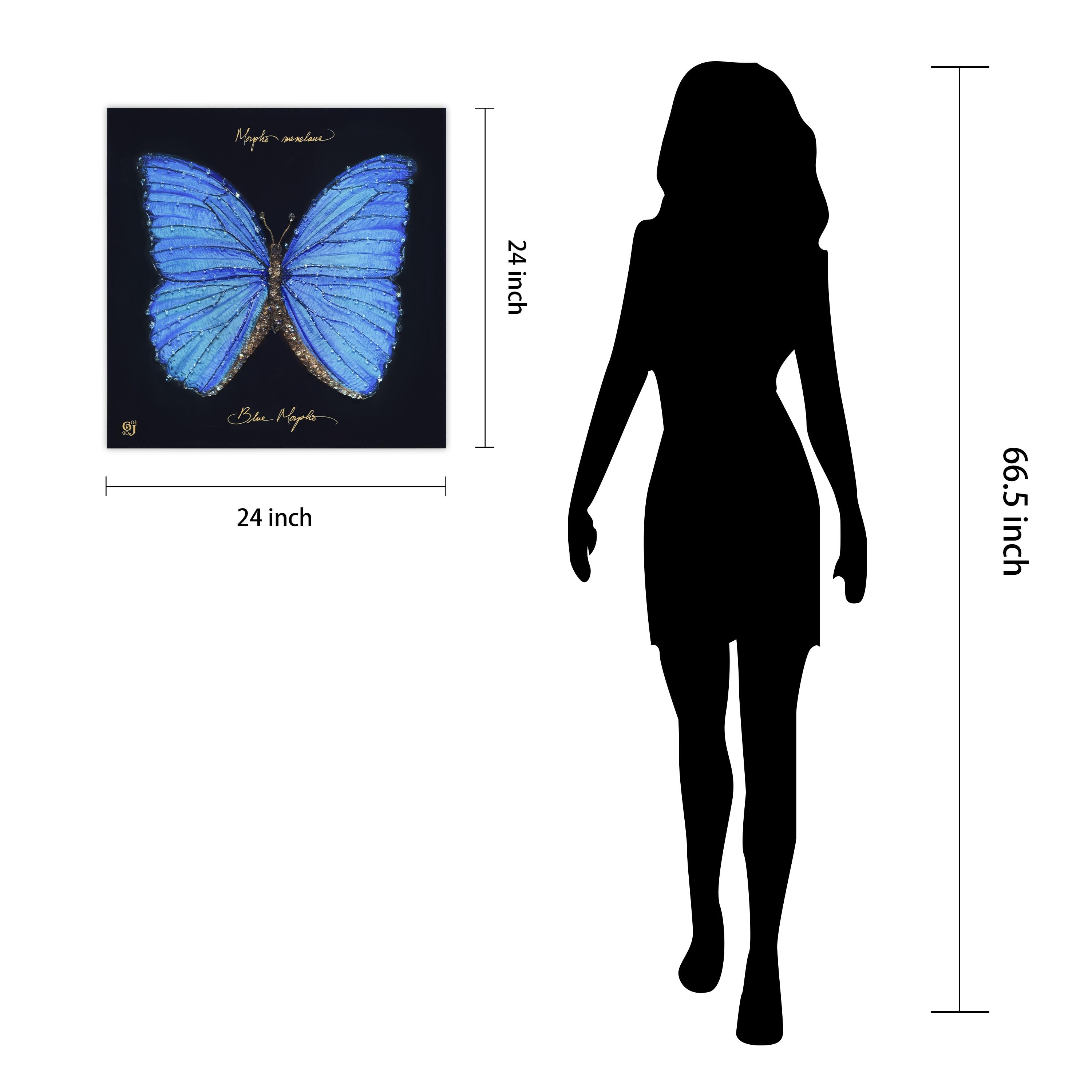 "Blue Monarch Elegance" Crystallus Epoxy Coated Wrapped Glossy Butterfly Canvas Wall Art with Heavy Acrylic Crystal Shards Embellishments