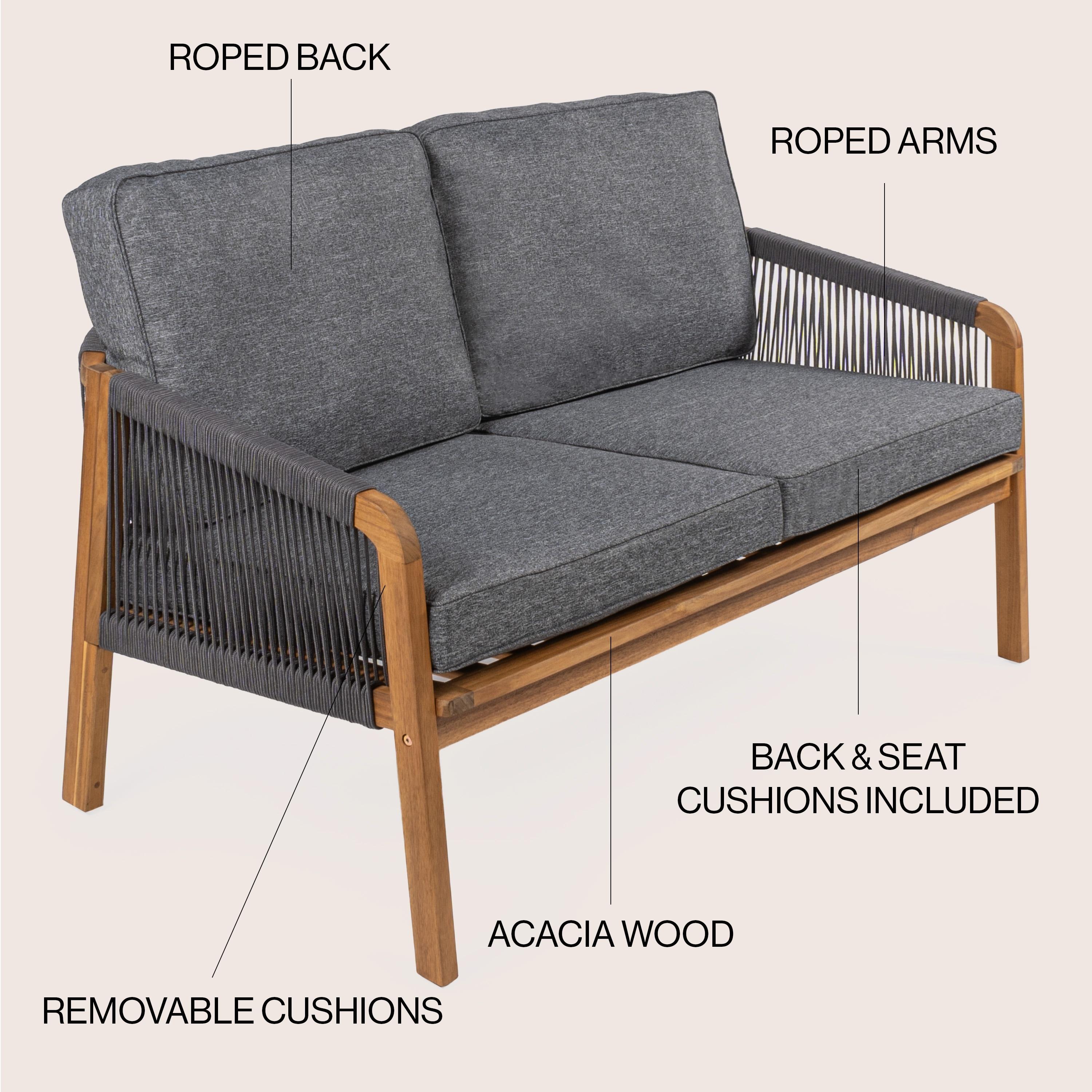 Arwen Modern Bohemian Roped Acacia Wood Outdoor Loveseat with Cushions, Gray/Teak Brown - JONATHAN Y