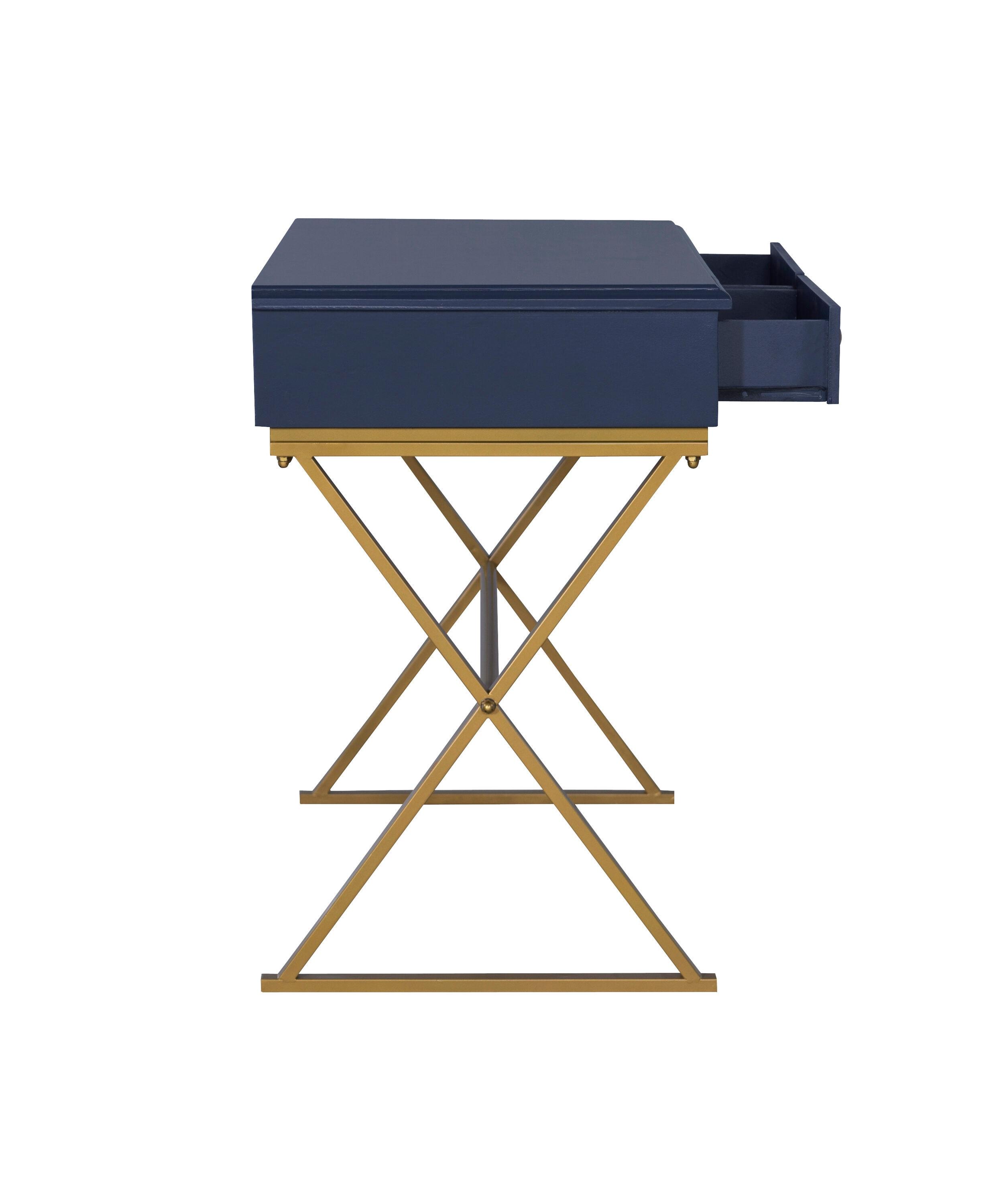 Campaign 2 Drawer Desk Blue/Gold - Linon: Matte Gold Legs, MDF, Metal Hardware