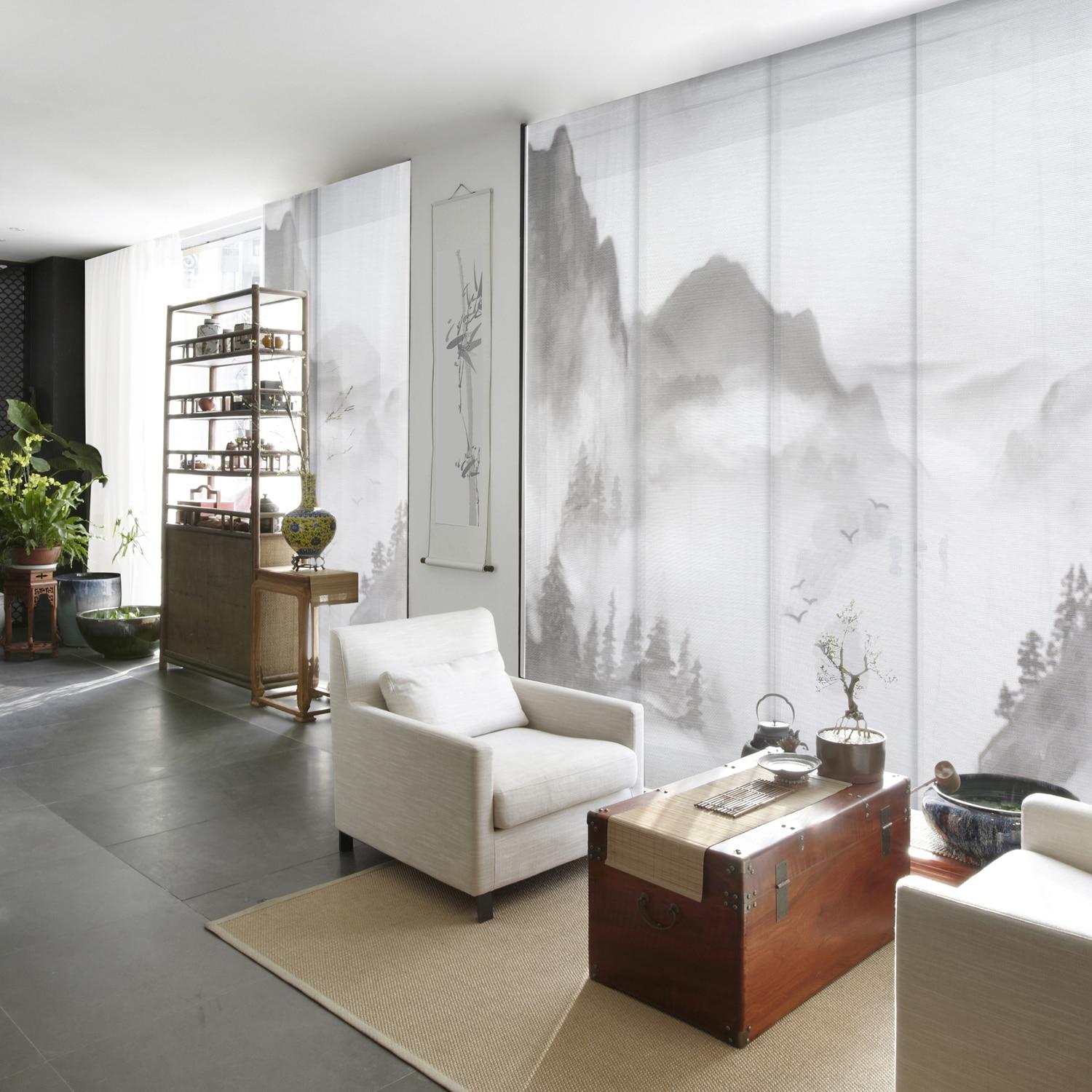 GoDear Design 4-Panel Single Rail 23-in Slat Width 86-in x 96-in Cordless Shangri-La Fabric Sheer Vertical blinds